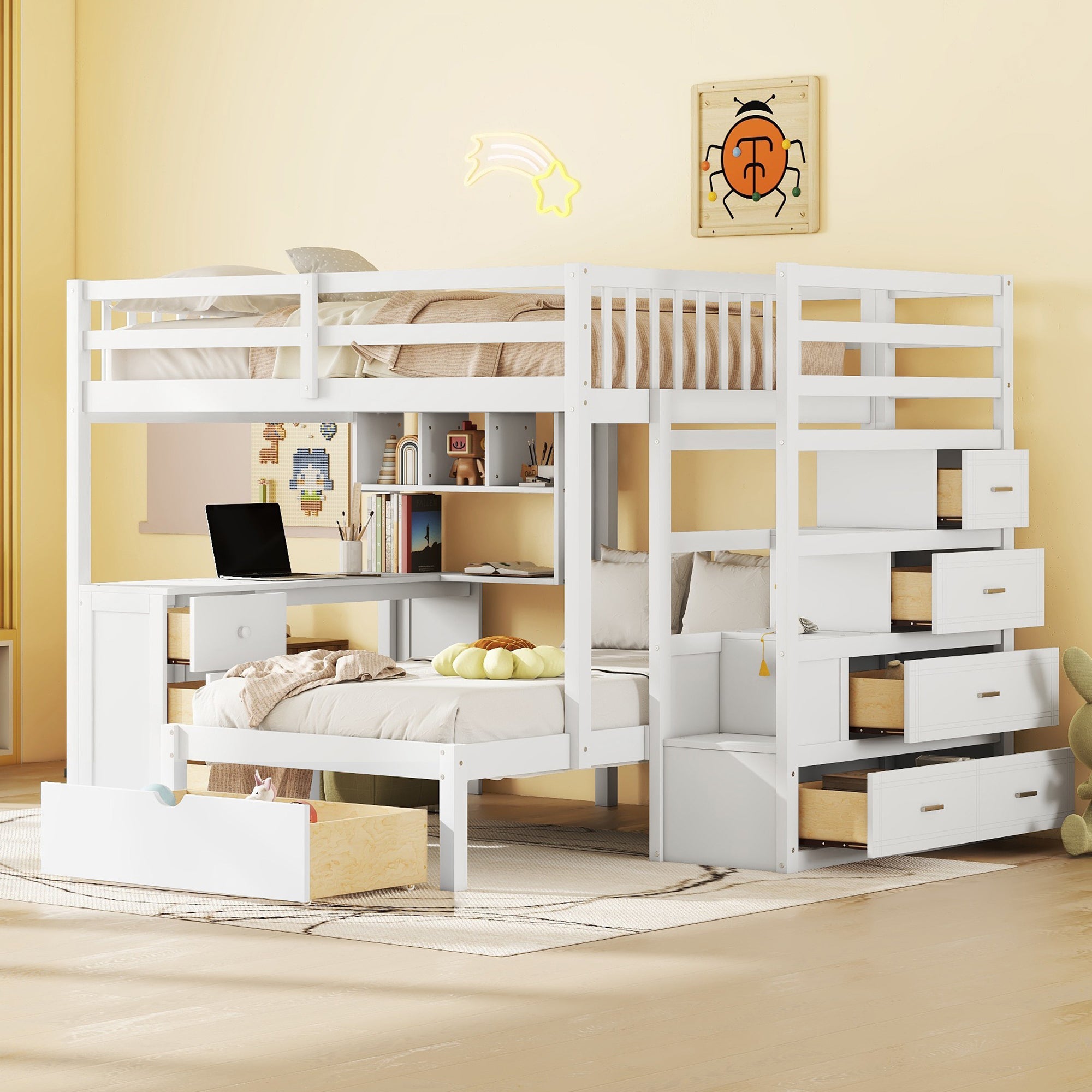 Full Over Twin Bunk Bed with Desk, Drawers & Shelves - White