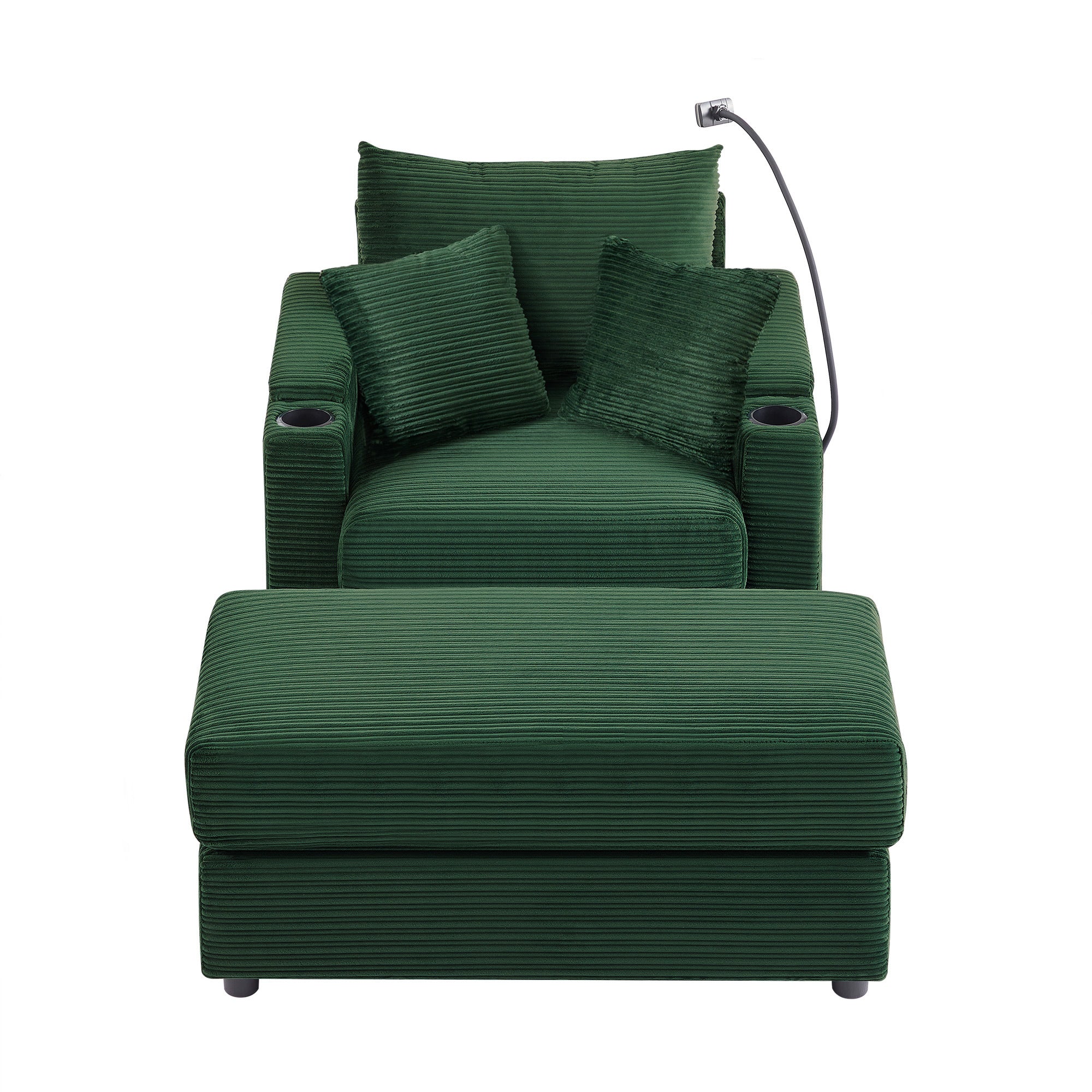 Modern Green Corduroy Single Sofa w/ Storage, Ottoman, USB