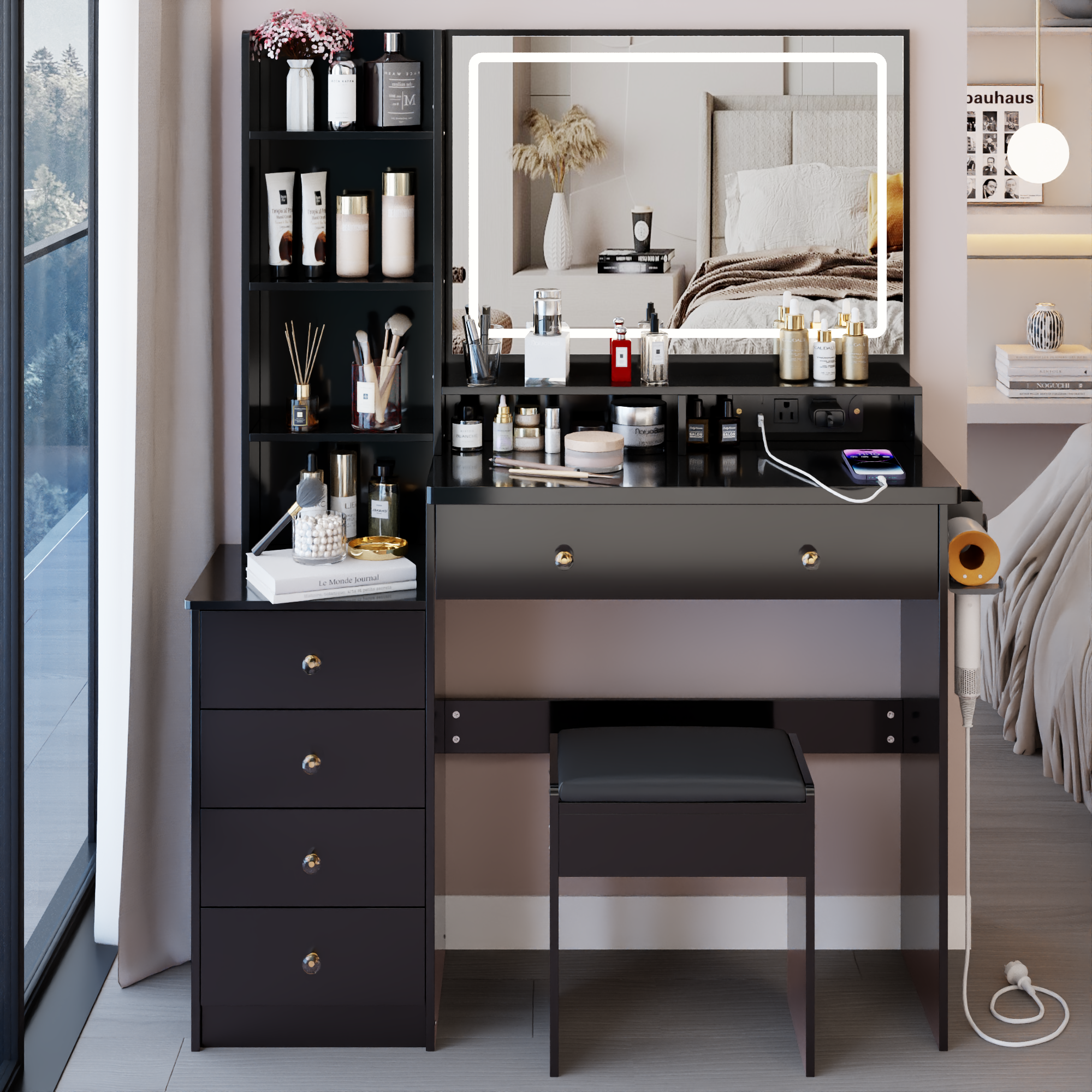 41" Left Dresser Set Vanity, LED Mirror, Power Station, Stool