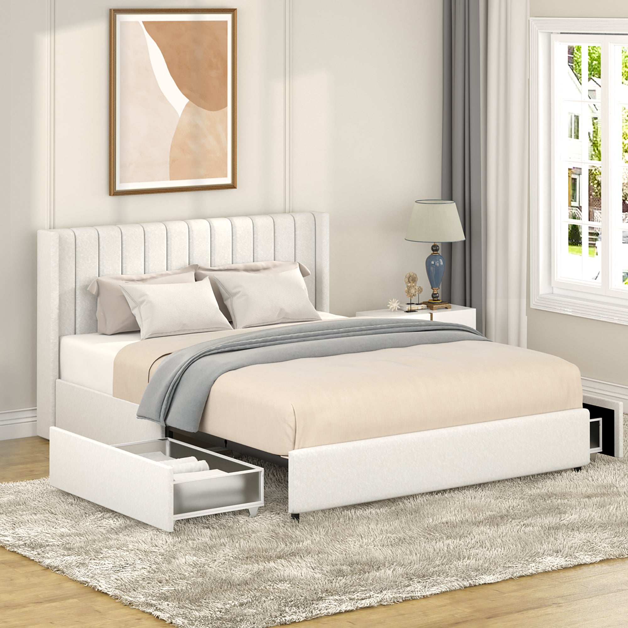 Anda Queen Ivory Boucle Upholstered Platform Bed