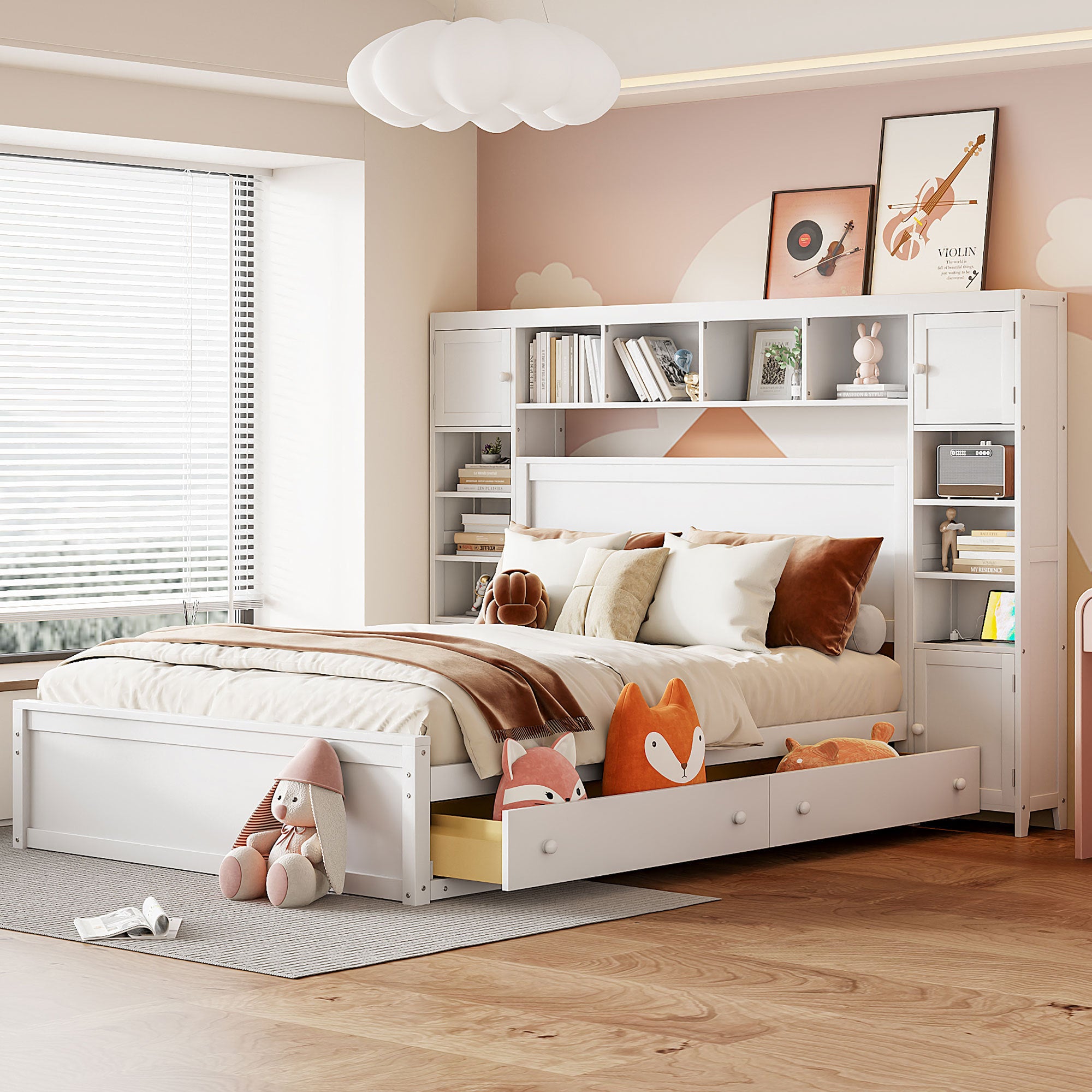 White Queen Wooden Bed: All-in-One Storage, Shelf & Sockets