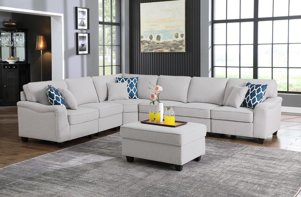 Leo Light Gray Linen Modular Sectional Sofa w/ Ottoman