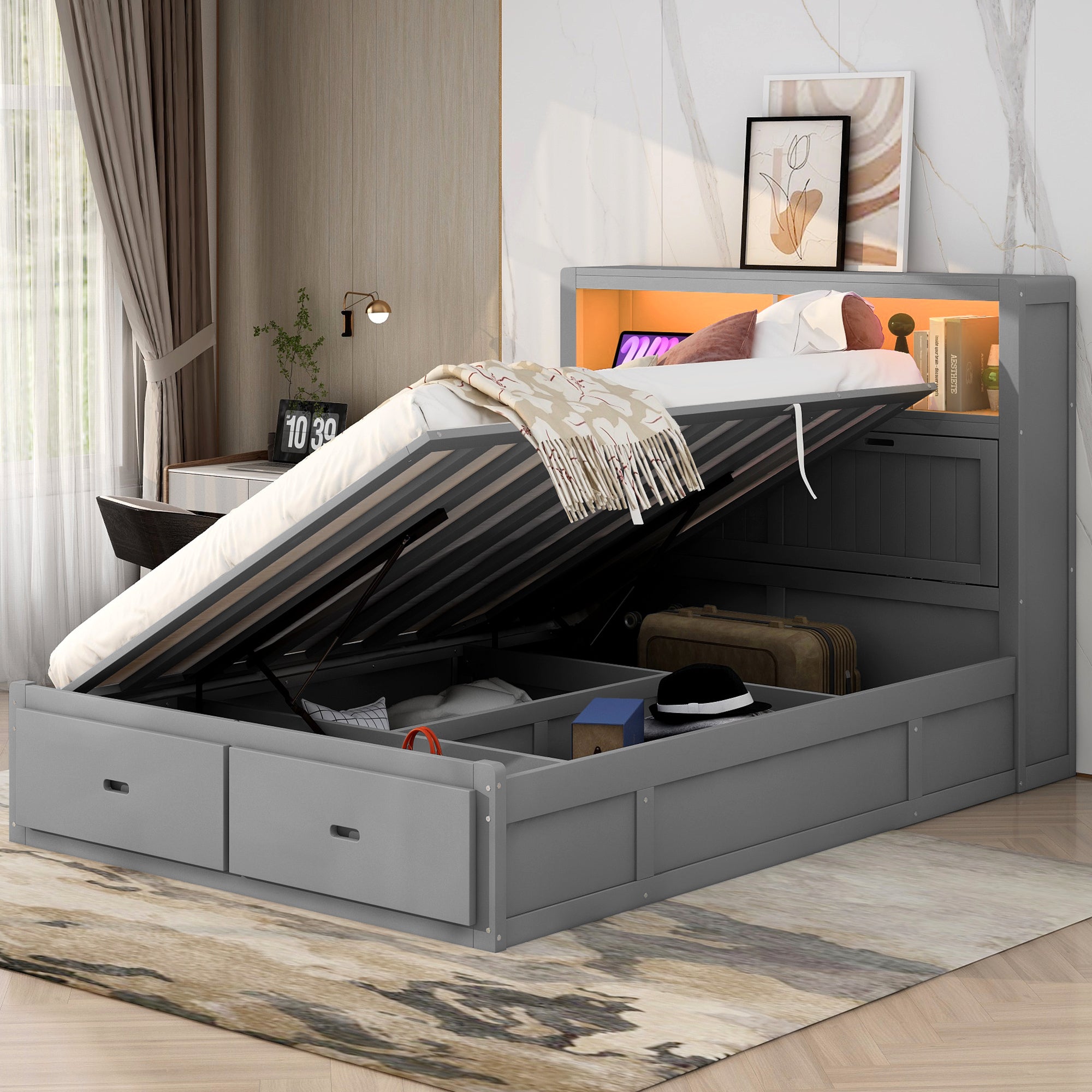 Gray Wood Queen Hydraulic Platform Bed with Storage, LED, USB Charging