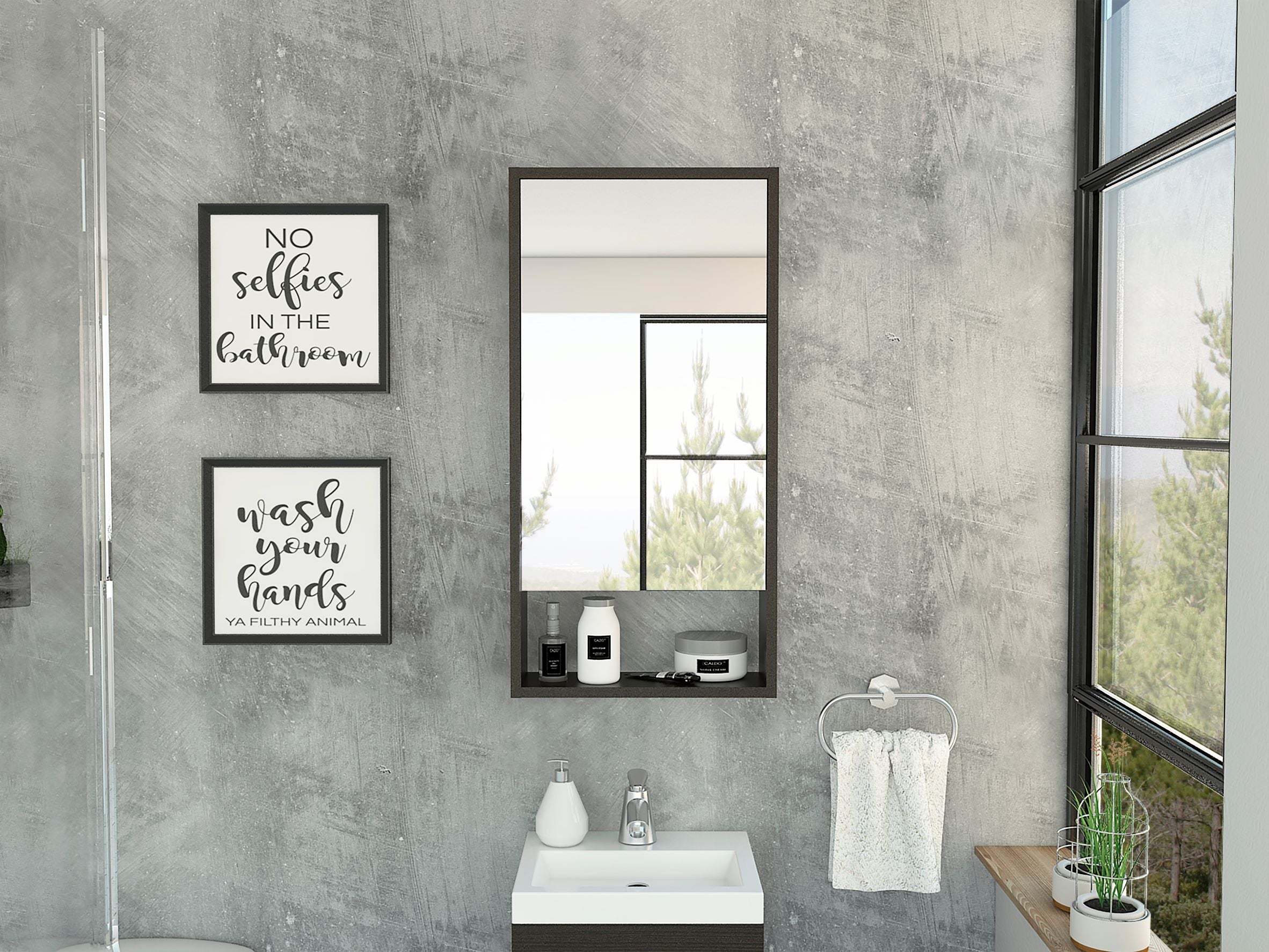 Modesto Mirrored Medicine Cabinet: Open Shelf & 2 Interior Shelves