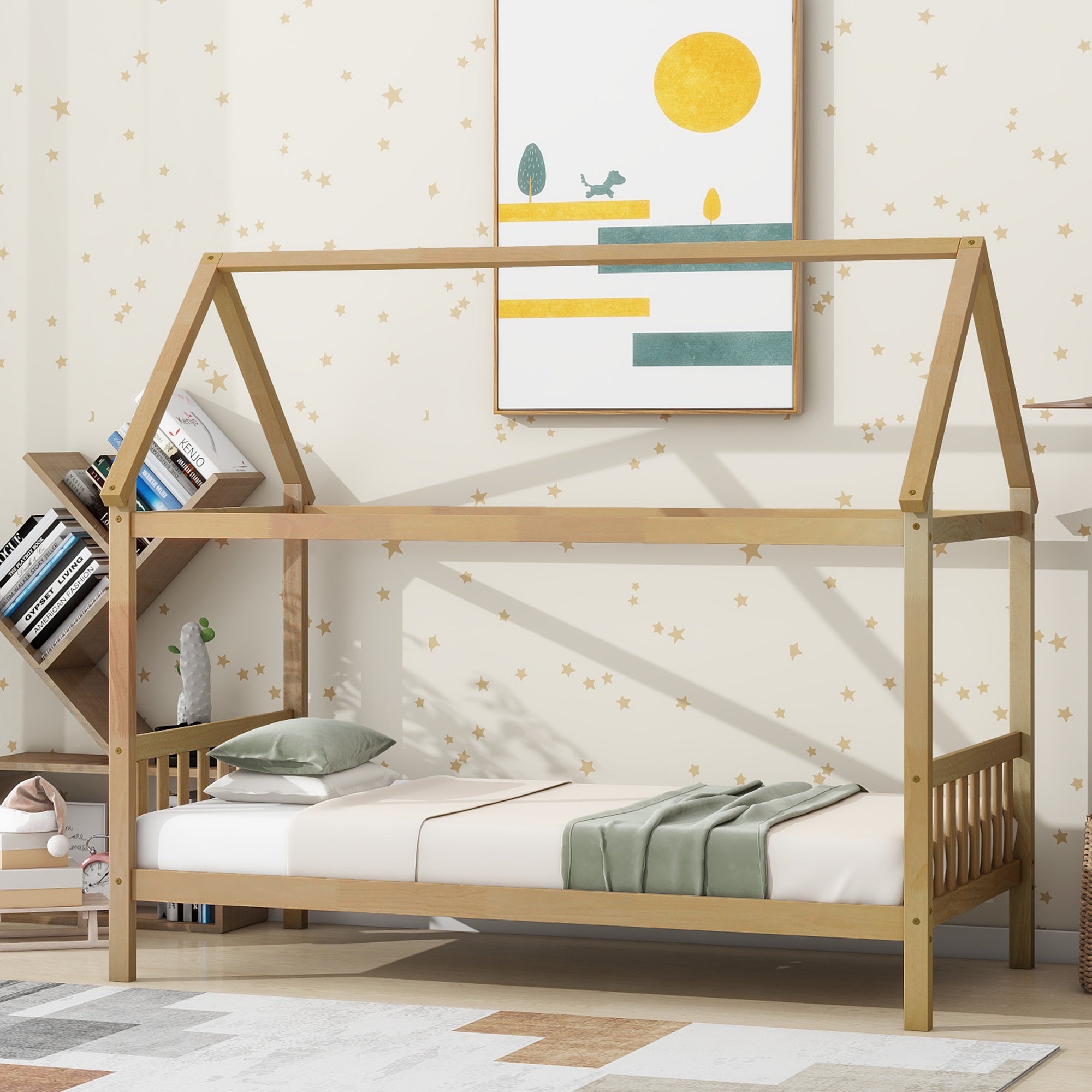 Twin House Bed Frame with Headboard, Footboard & Rubber Wood, White Oak