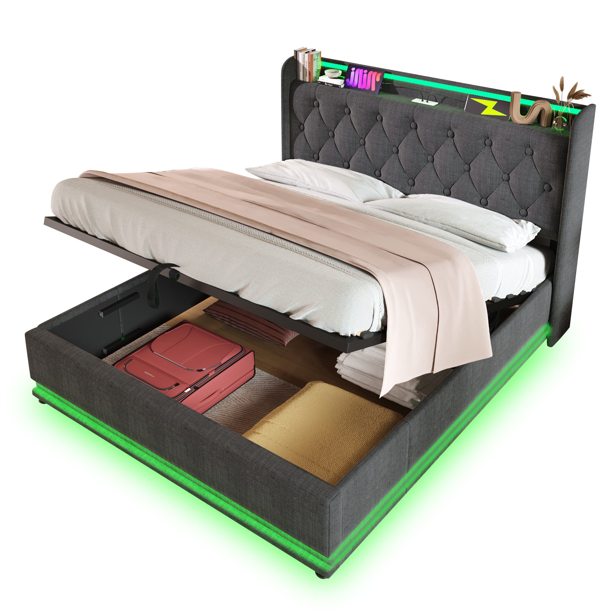 Full Size Upholstered LED Storage Bed w/ USB-C & Smart Control