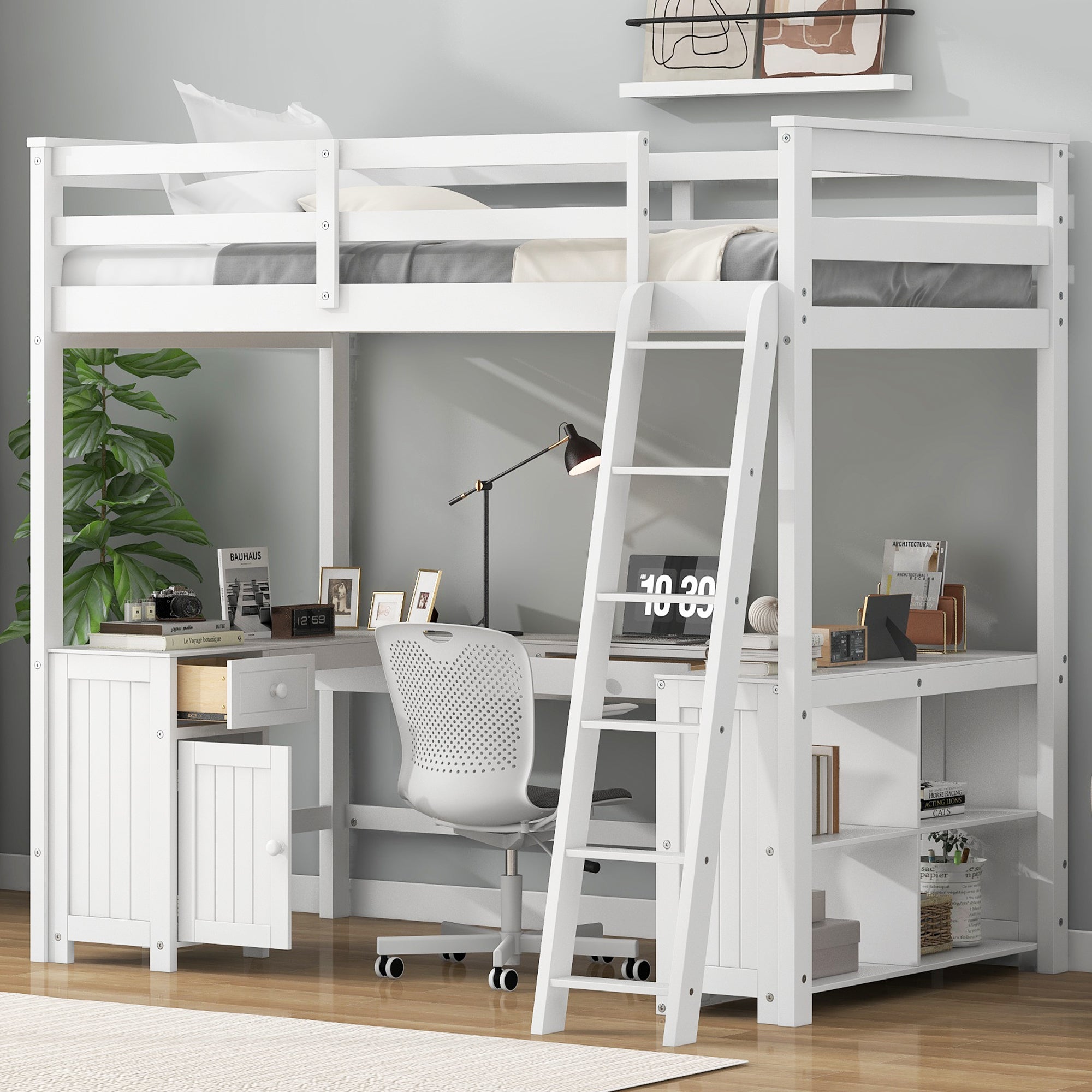 White Full Size Loft Bed w/ U-Shaped Desk, Drawers & Shelves Storage