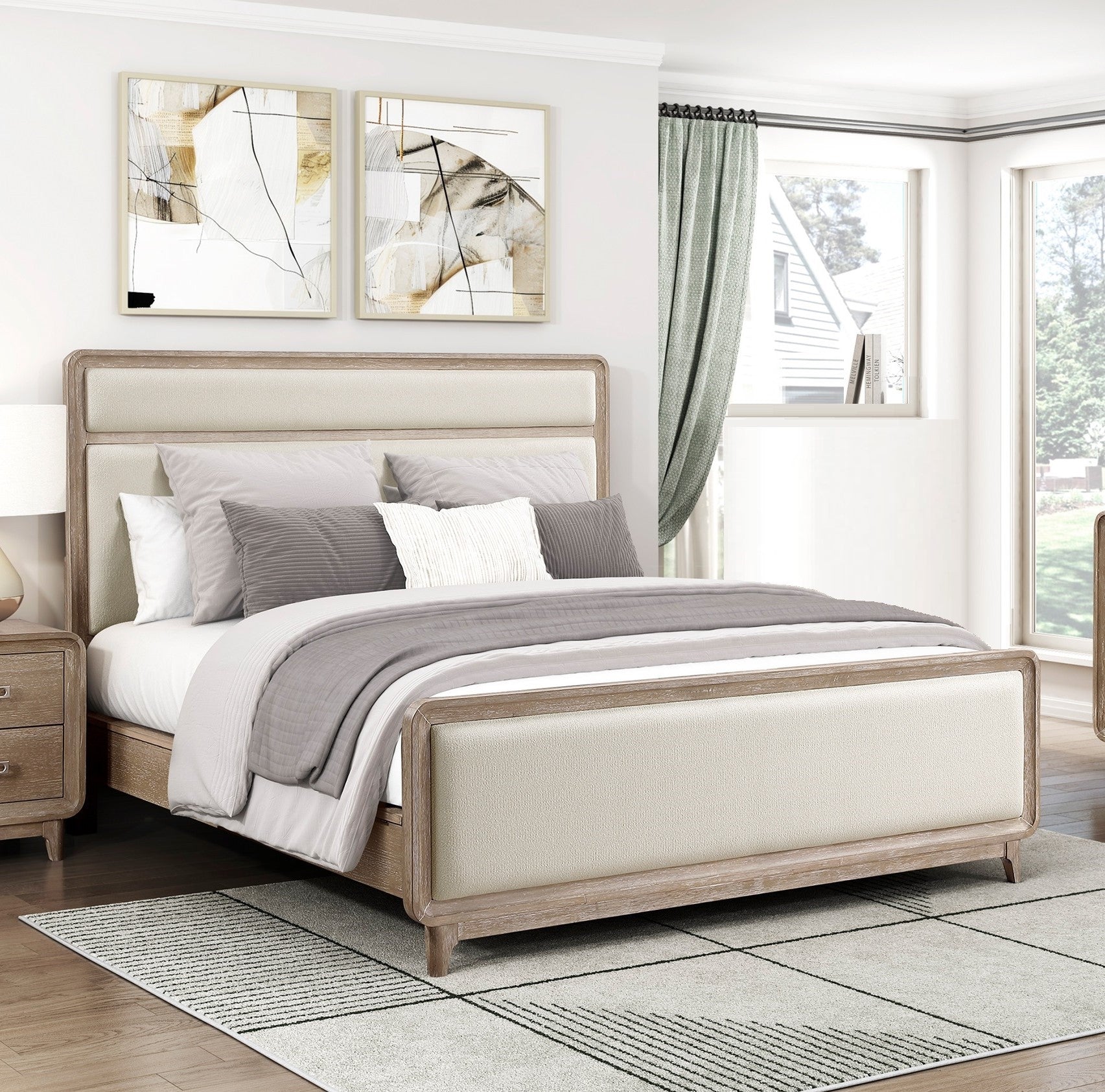 Modern Elegant Beige Chenille Upholstered Queen Bed Wooden Furniture