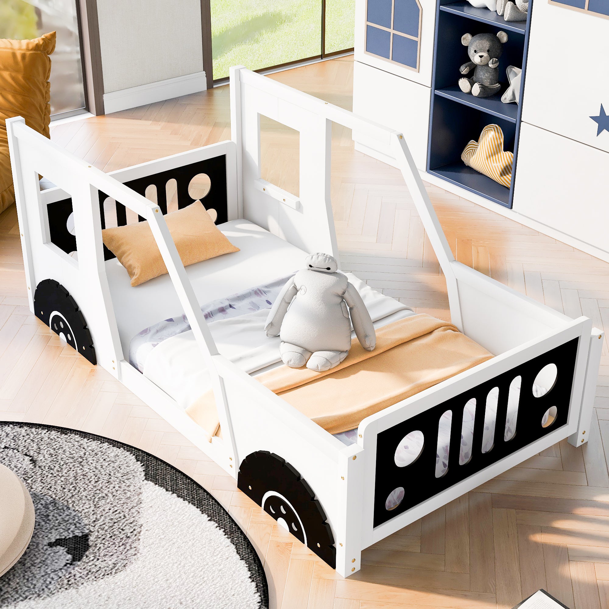 Twin Size White Classic Car-Shaped Platform Bed with Wheels