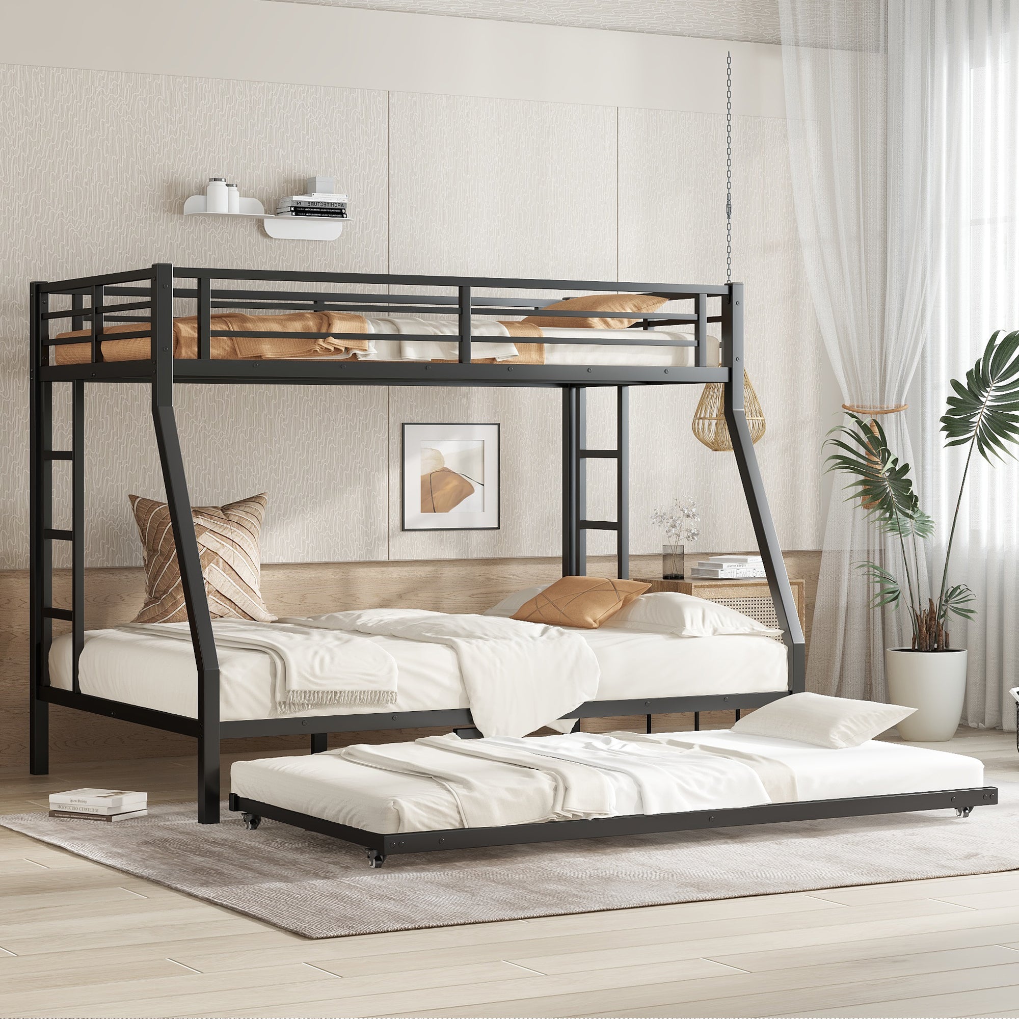 Black Twin over Full Metal Bunk Bed with Trundle - Space Saving