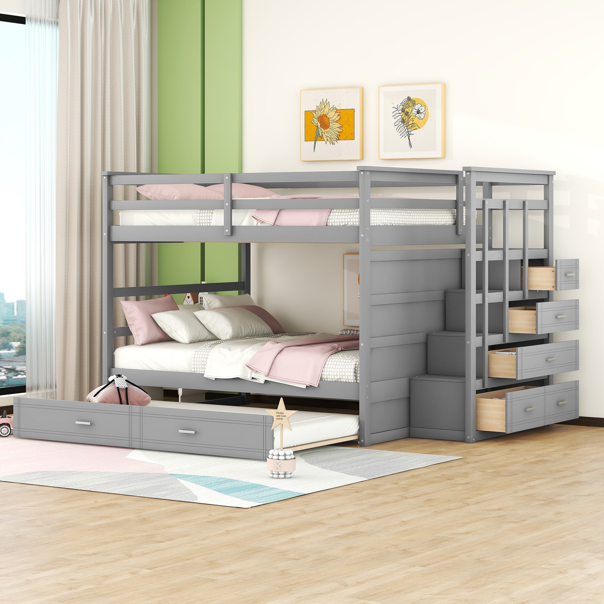 Full Over Full Bunk Bed with Trundle & Stairs - Gray Kids Furniture