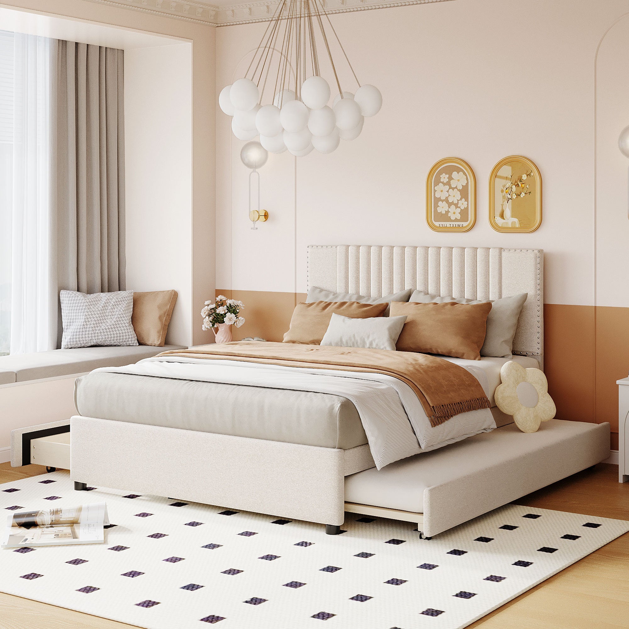Beige Full Upholstered Platform Bed, 2 Drawers, Twin Trundle & Headboard