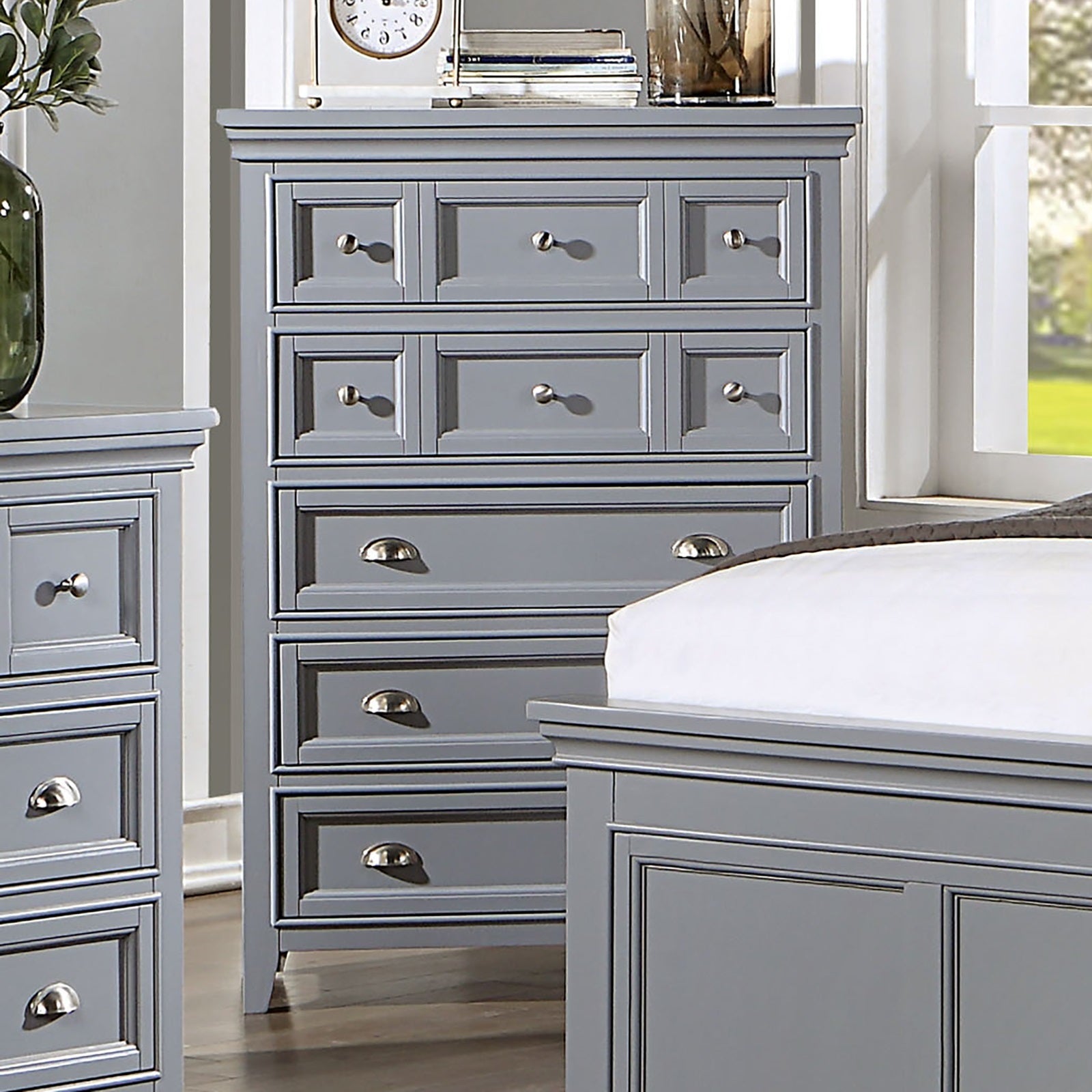 Transitional Gray 5-Drawer Chest - Cup Handles & Ball Bearings