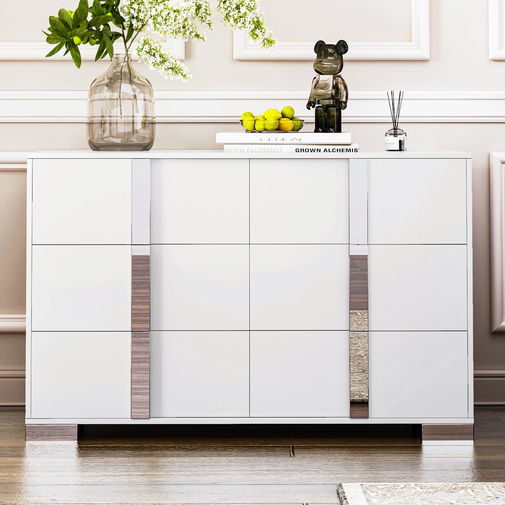 Elegant White Mirrored 6-Drawer Dresser | Bedroom Living Room
