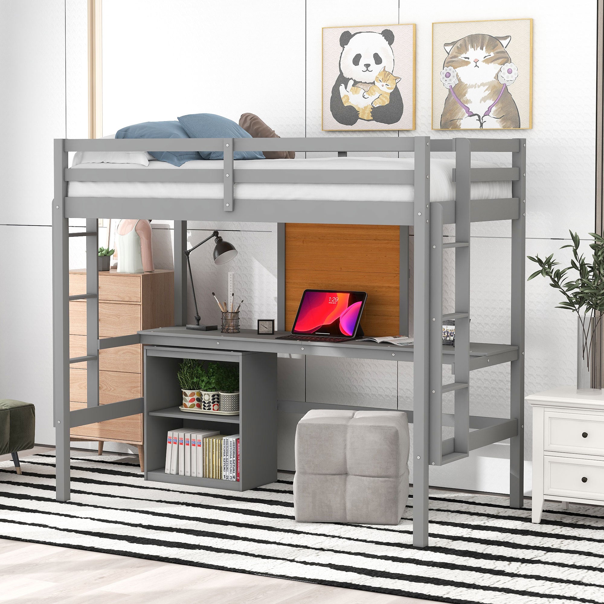 Twin Wooden Loft Bed: Desk, Writing Board, 2 Drawers - Gray