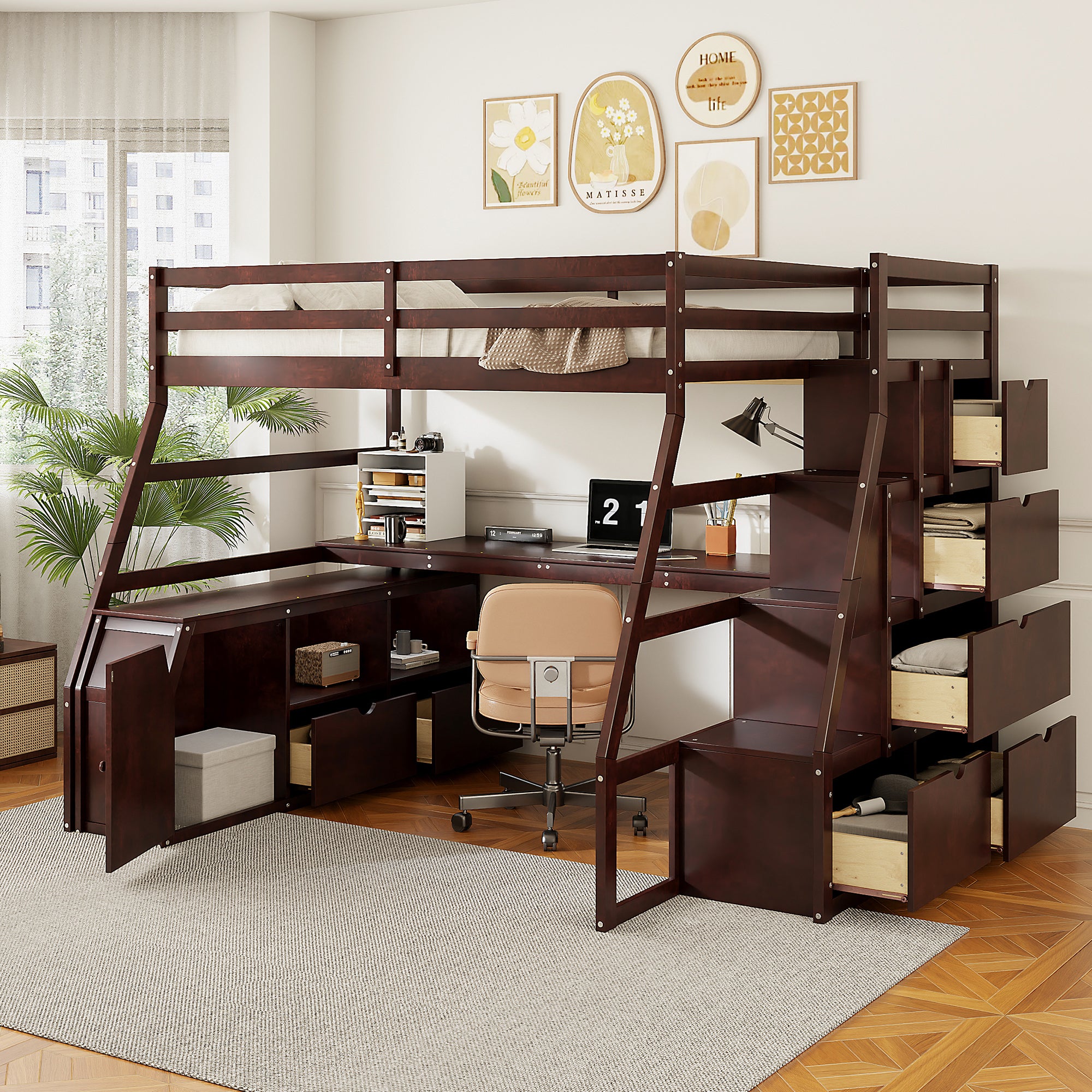 Full Size Loft Bed with Desk, Storage & Drawers - Espresso