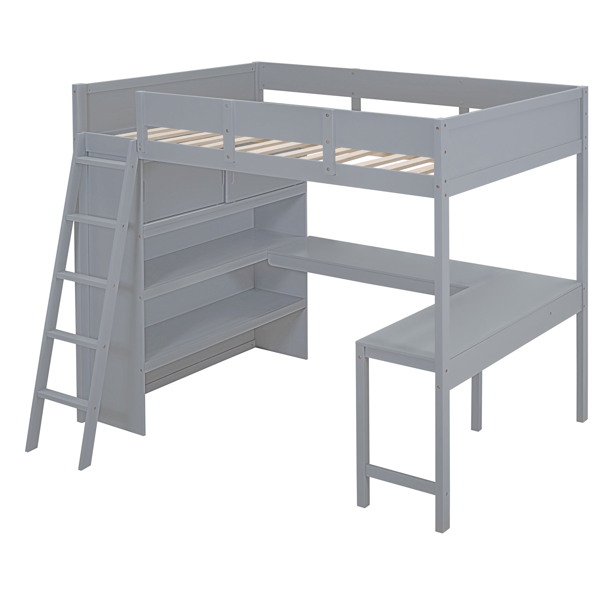 Modern Full Size Gray Pinewood Loft Bed with Desk & Shelves