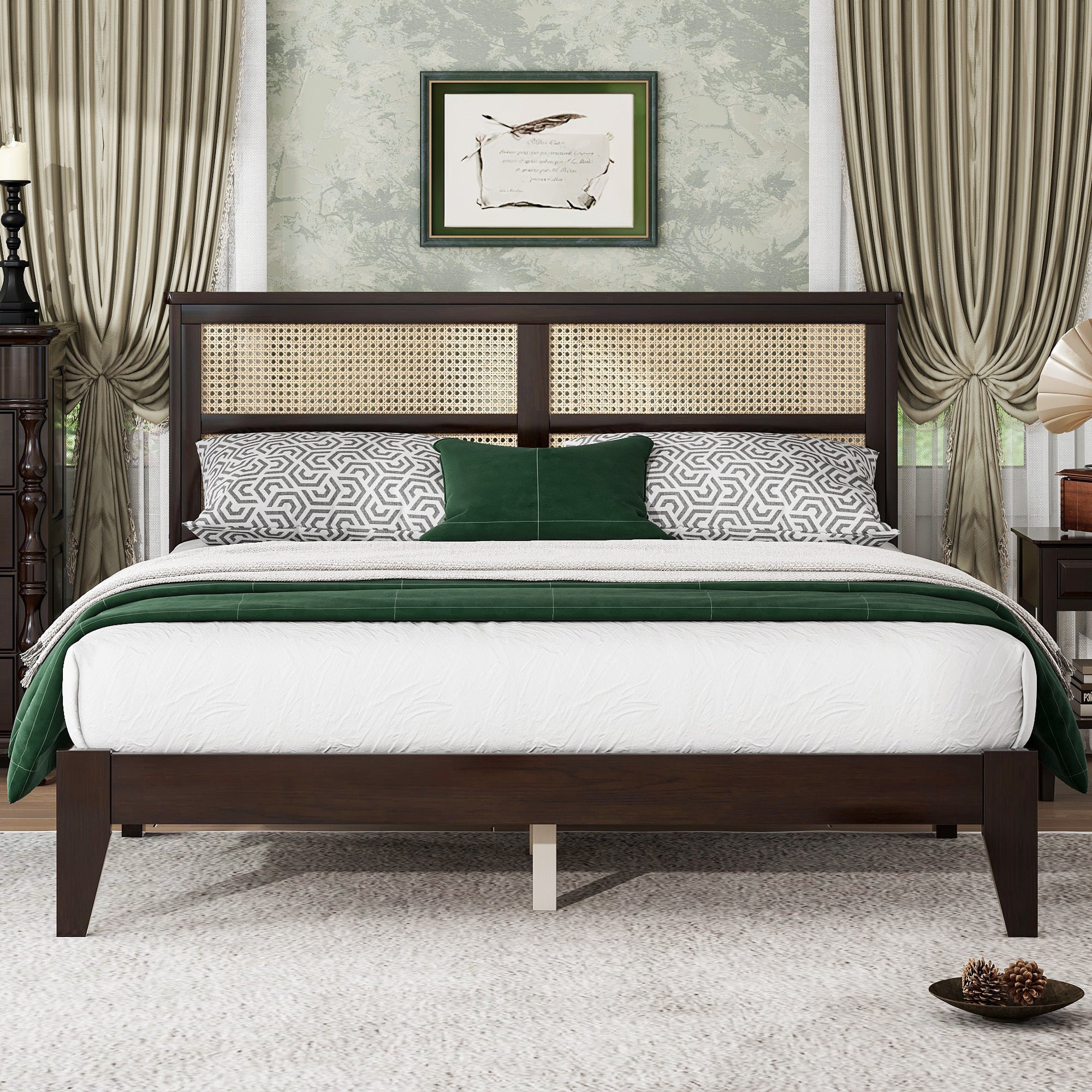 Queen Solid Wood Bed w/Rattan Headboard