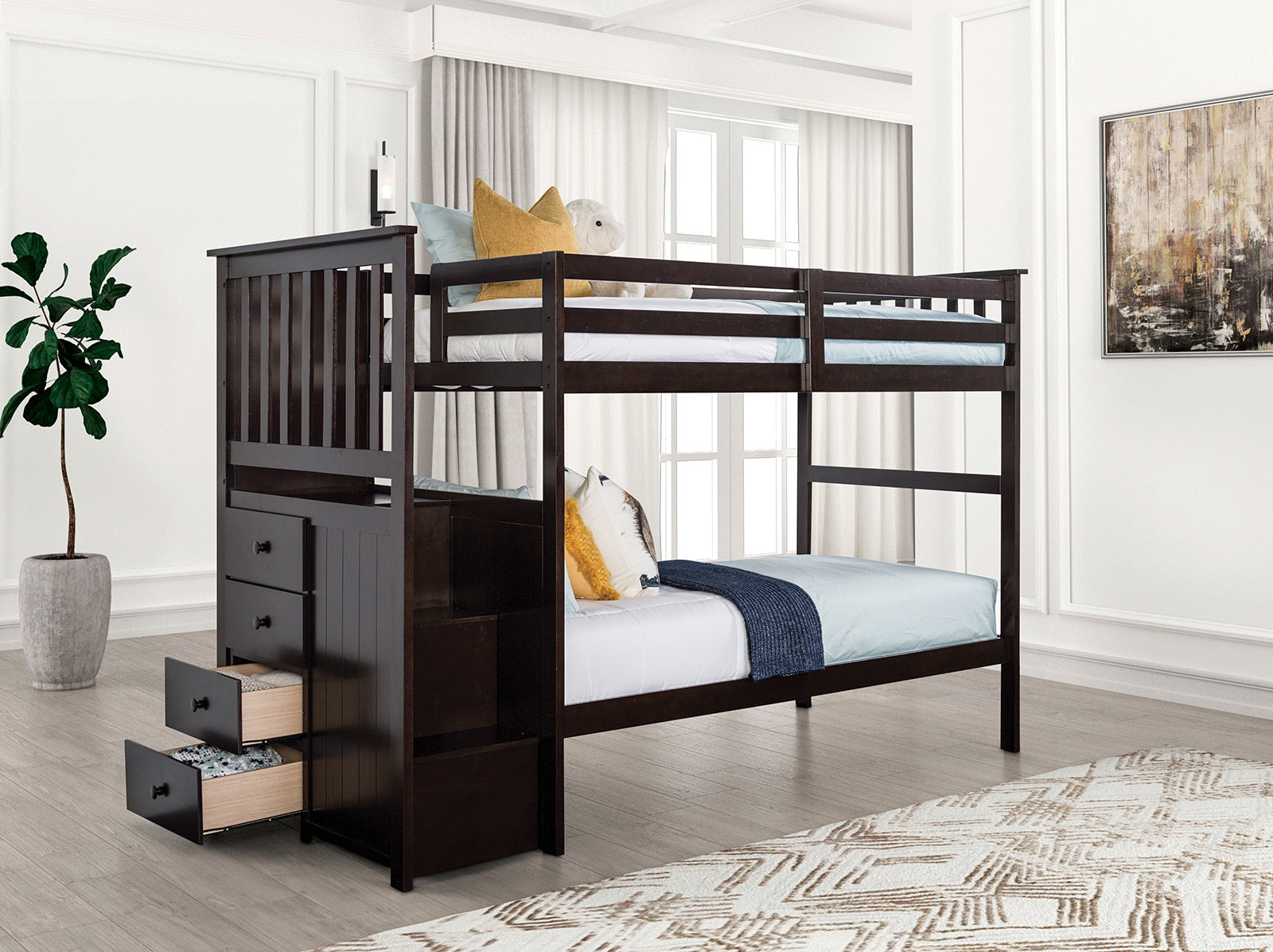 Espresso Twin Over Twin Bunk Bed | Steps & 4 Storage Drawers