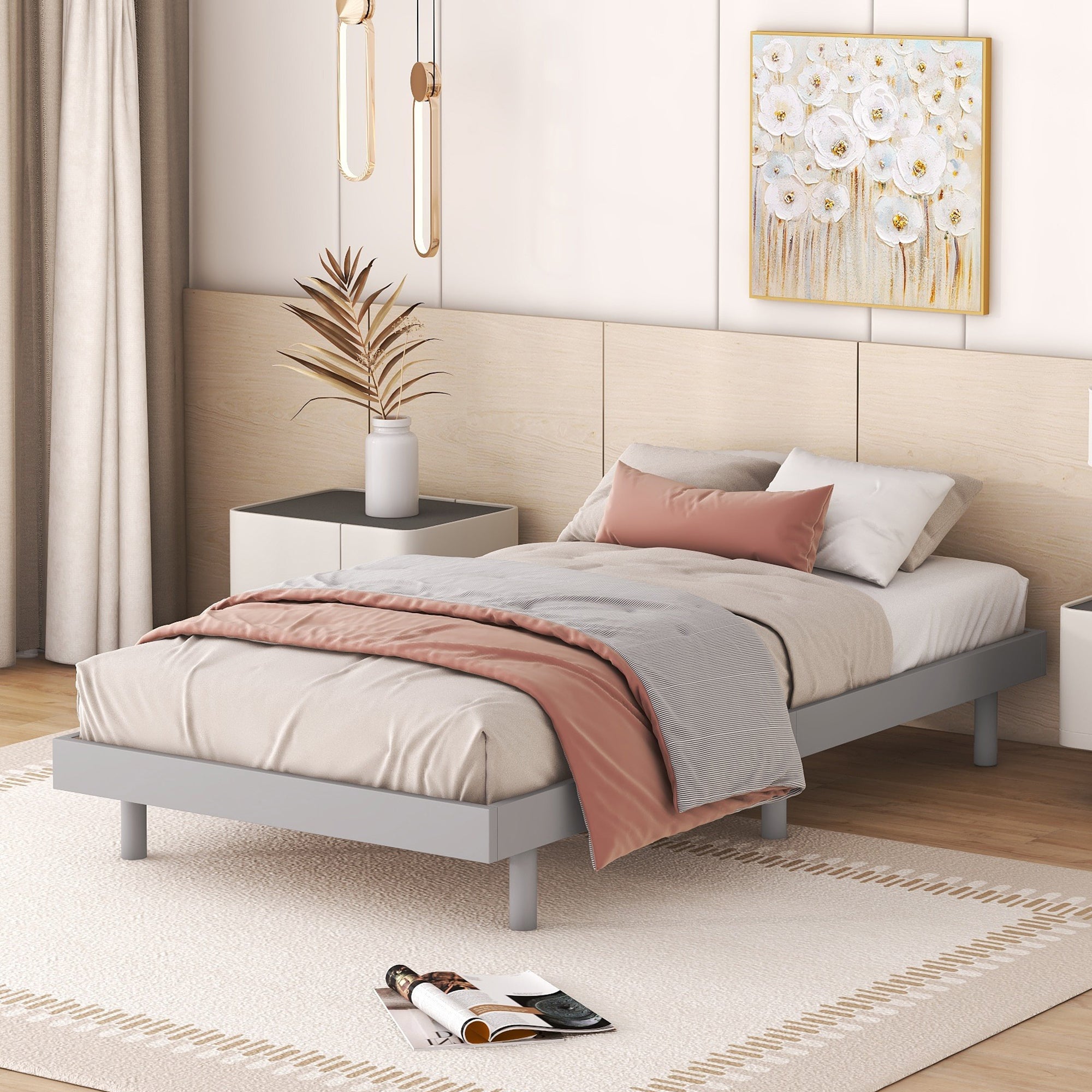 Grey Twin Platform Bed: Modern Floating Design