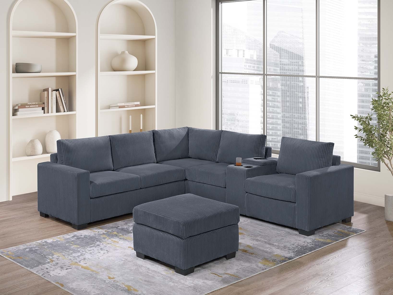 Dark Gray Corduroy 4pc Modern Sectional Sofa Set
