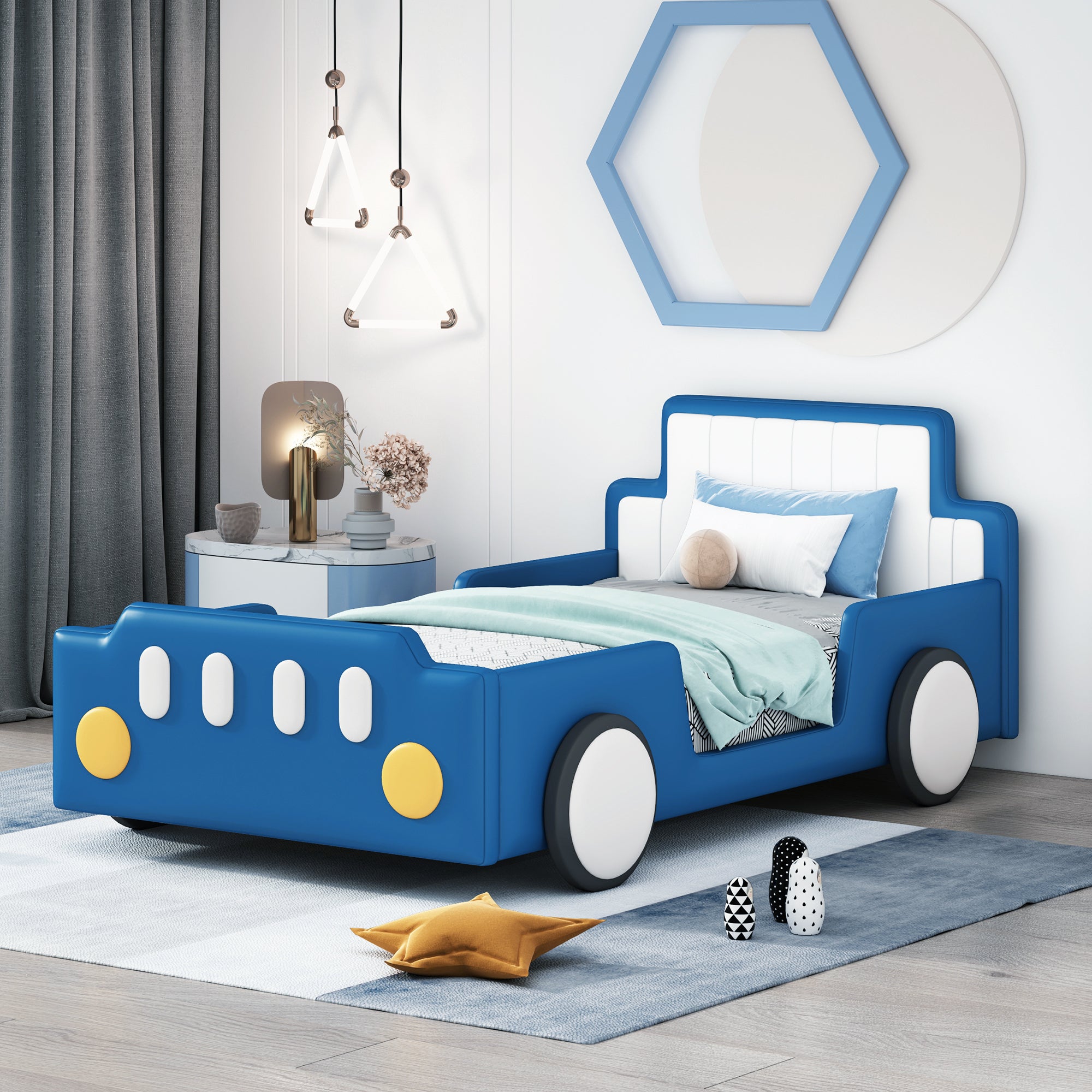 Twin Size Blue Race Car Platform Bed with Wheels