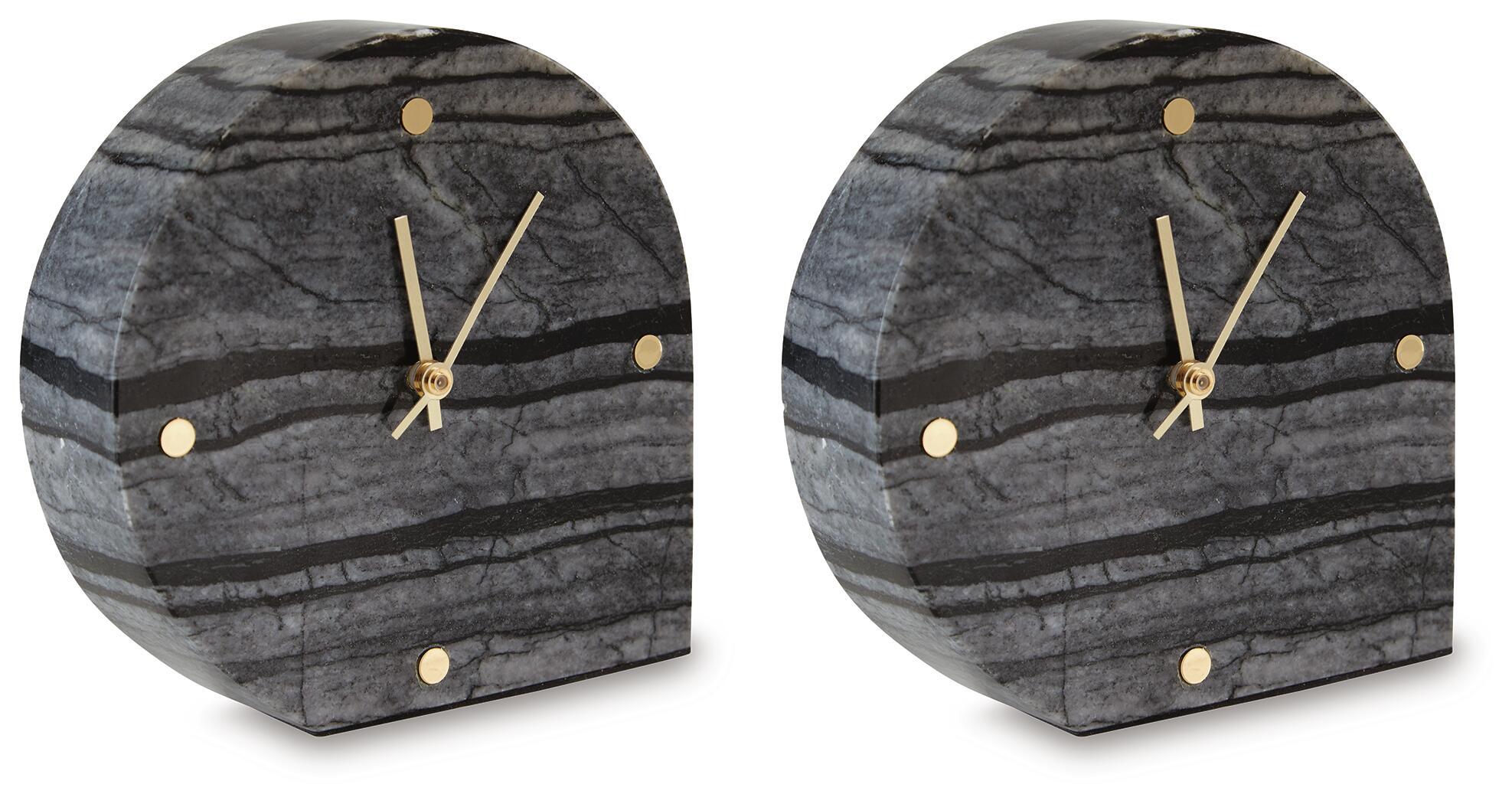 Black stone-look table clock set of 2 with gold-tone hands and markers