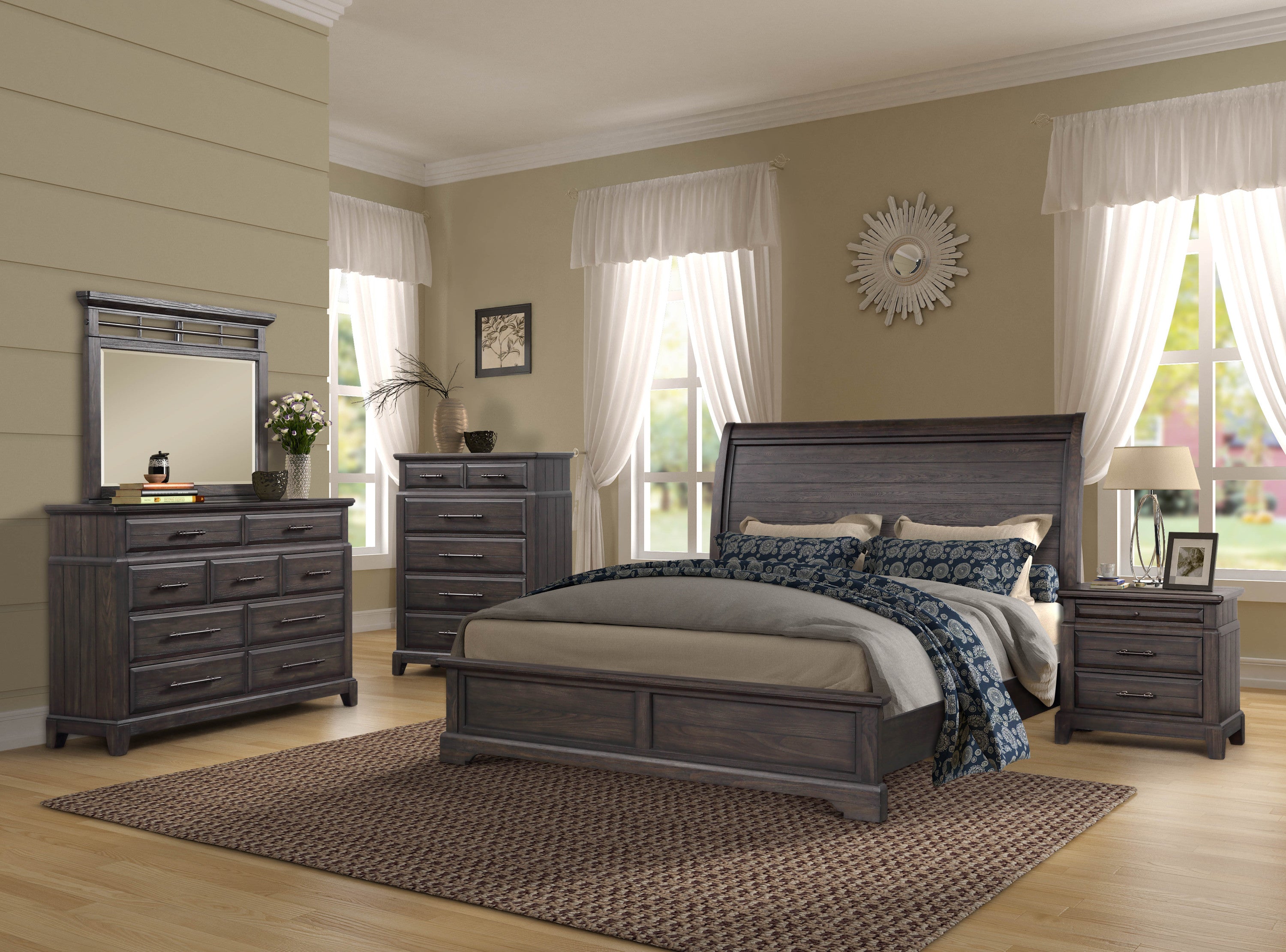 Elegant Queen Sleigh Bed 5-Piece Bedroom Set - Dresser, Mirror, Chest