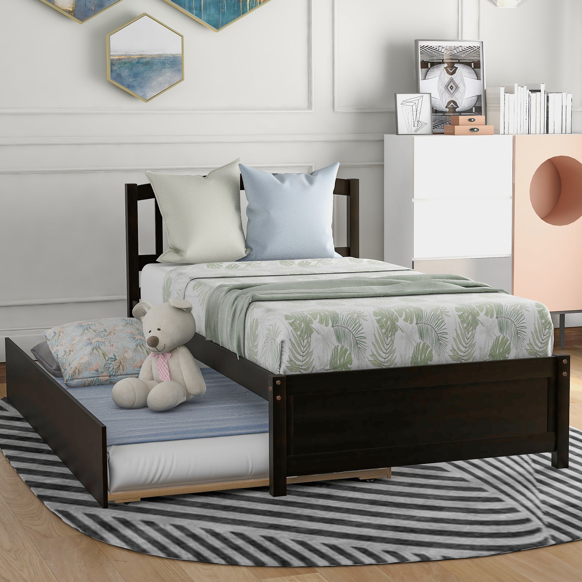 Twin Wood Platform Bed Frame with Trundle - Espresso Finish