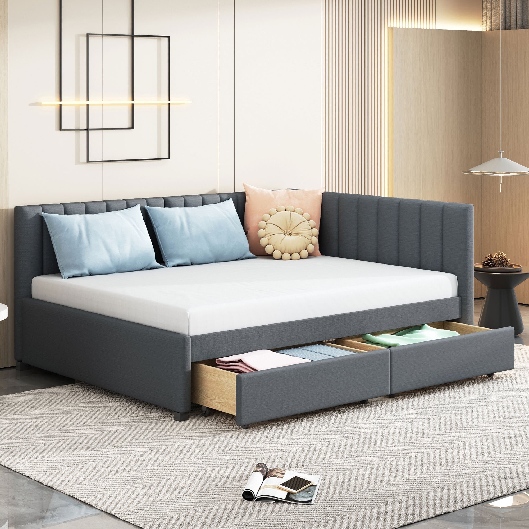 Full Size Gray Upholstered Daybed Sofa Bed with Storage Drawers