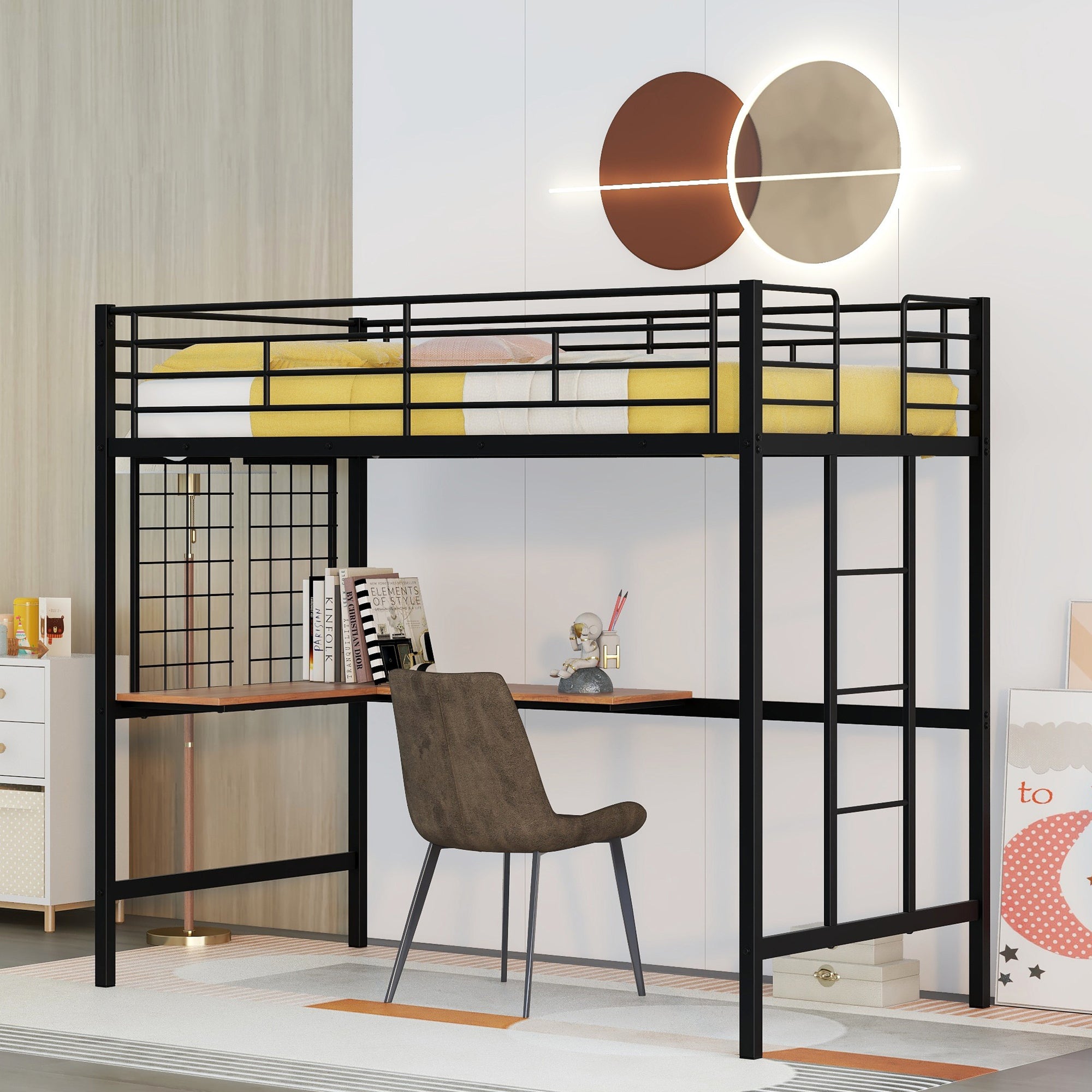Twin Metal Loft Bed with Desk & Metal Grid - Black Space Saver