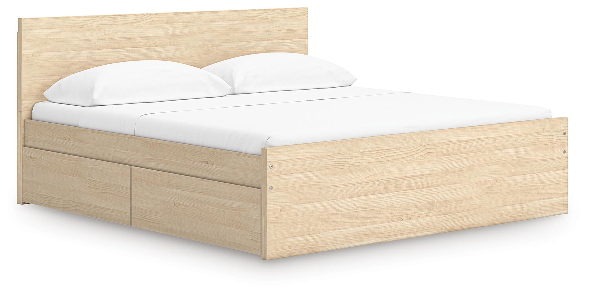 Light brown panel platform bed with underbed drawers and tall headboard, slat support included