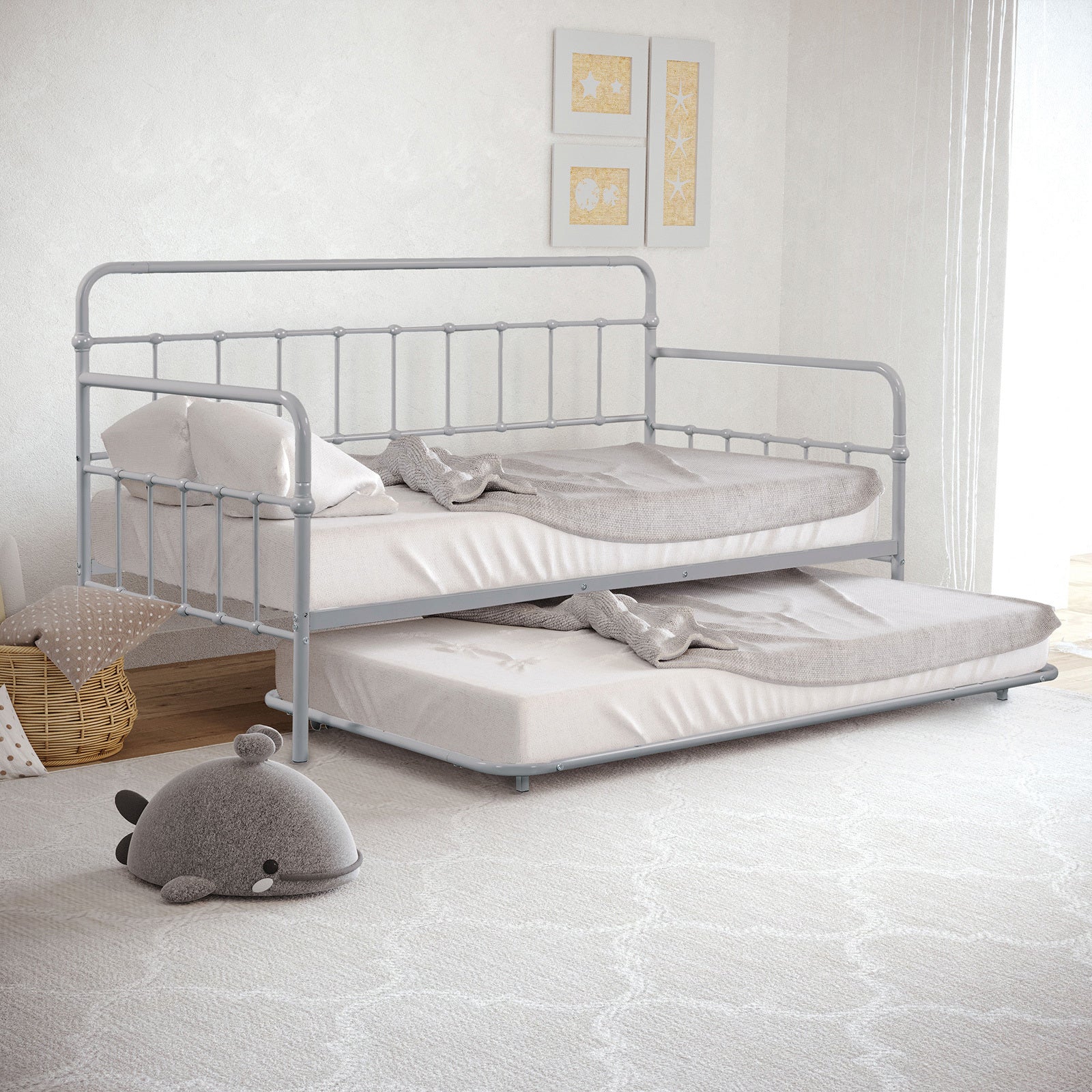 Silver Contemporary Twin Metal Daybed with Trundle - Mattress Ready
