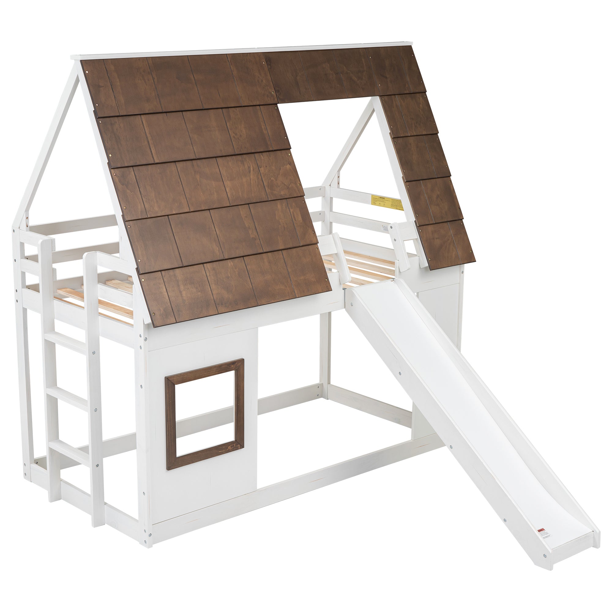 Twin Bunk Bed w/ House Roof, Ladder & Slide - White/Brown