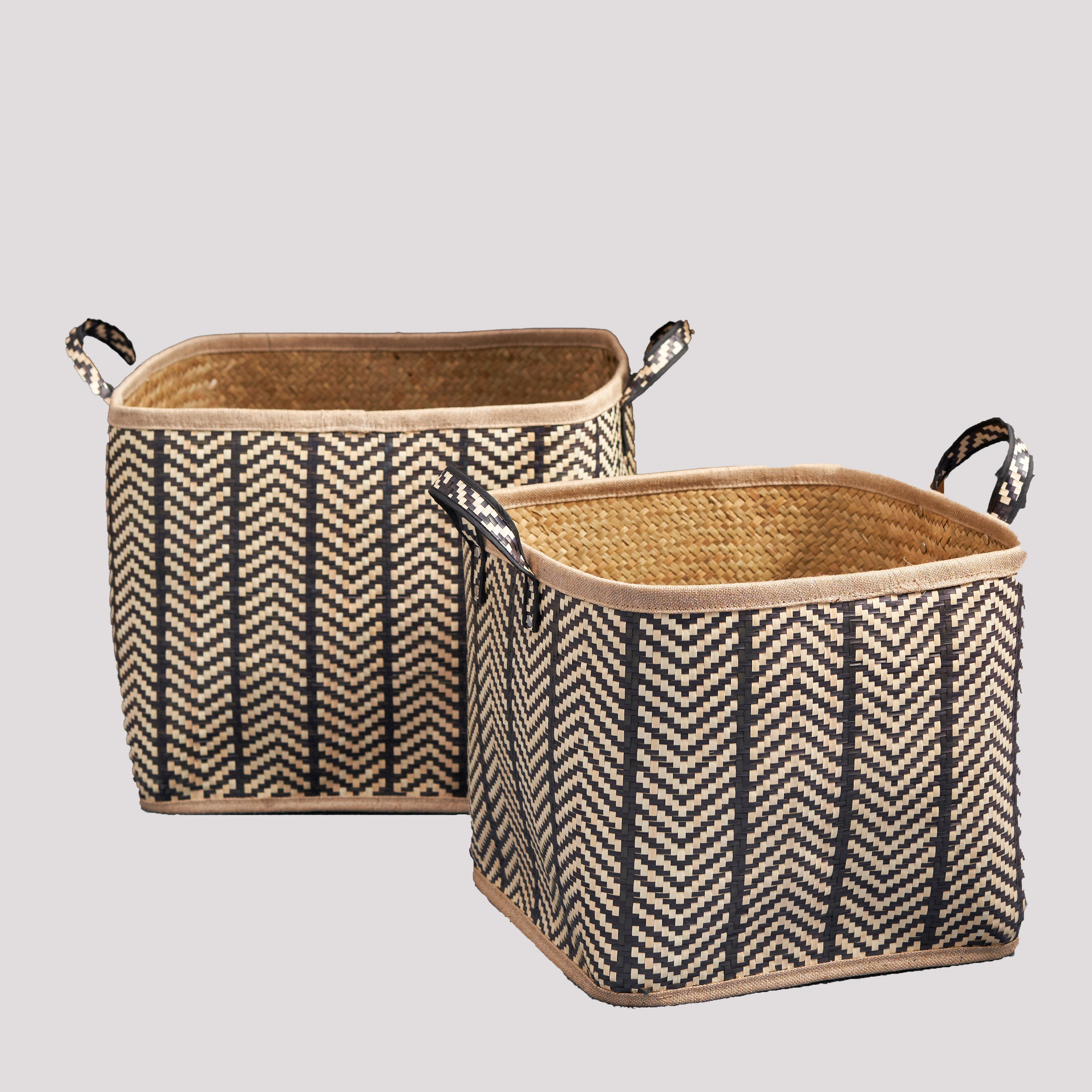 Brown Woven Wicker Baskets with Handles - Home Storage Set 2