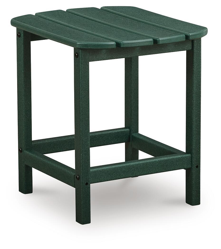 Green rectangular end table with slatted tabletop and open lower shelf frame