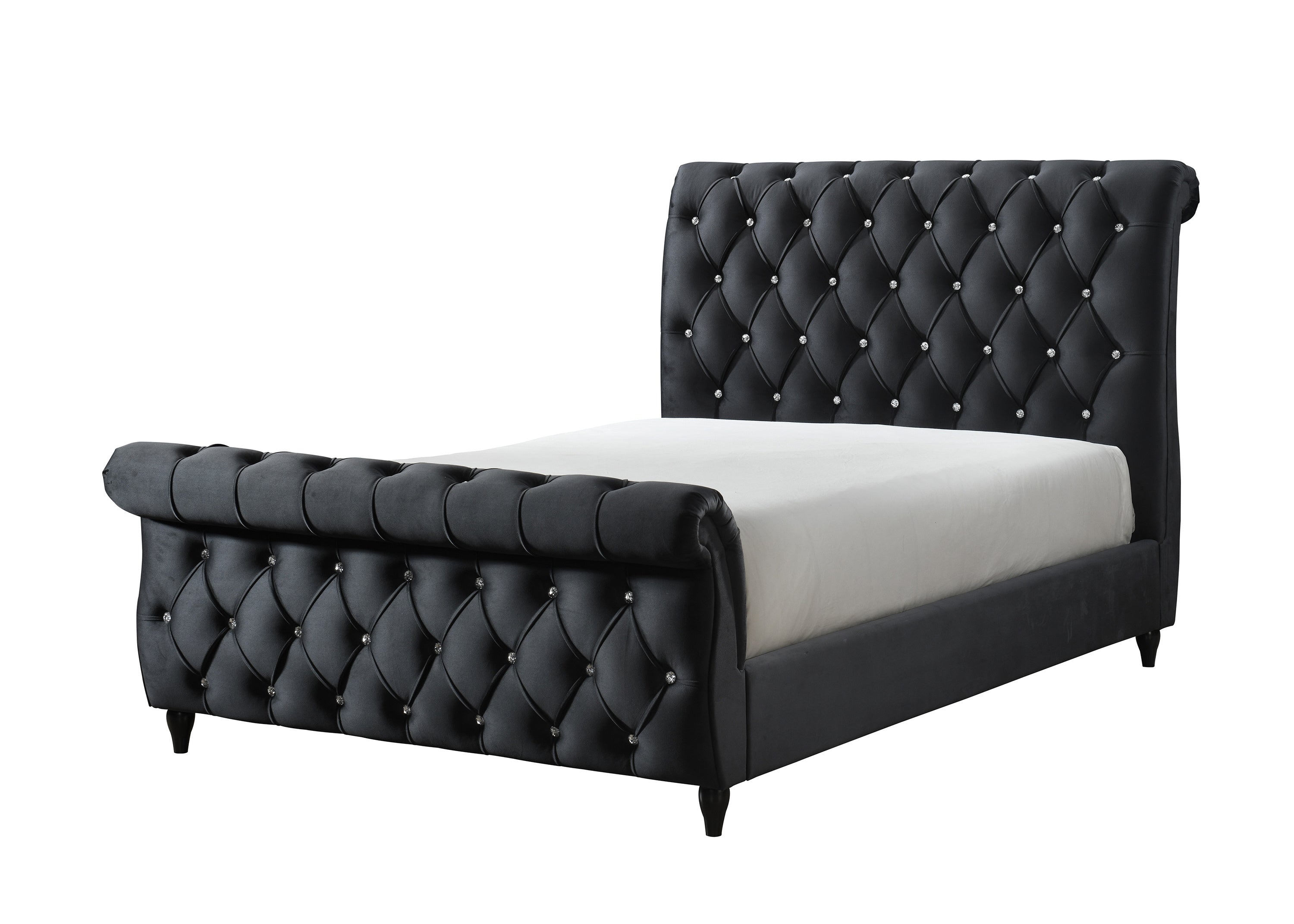Black Queen Panel Bed: Deep Button Tufted, Curved Headboard & Footboard