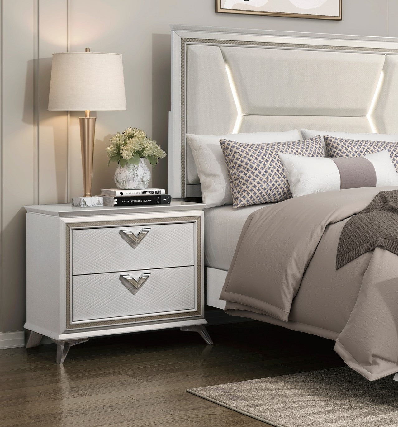 Antique White Nightstand 2-Drawer Modern Luxury Bedroom Storage