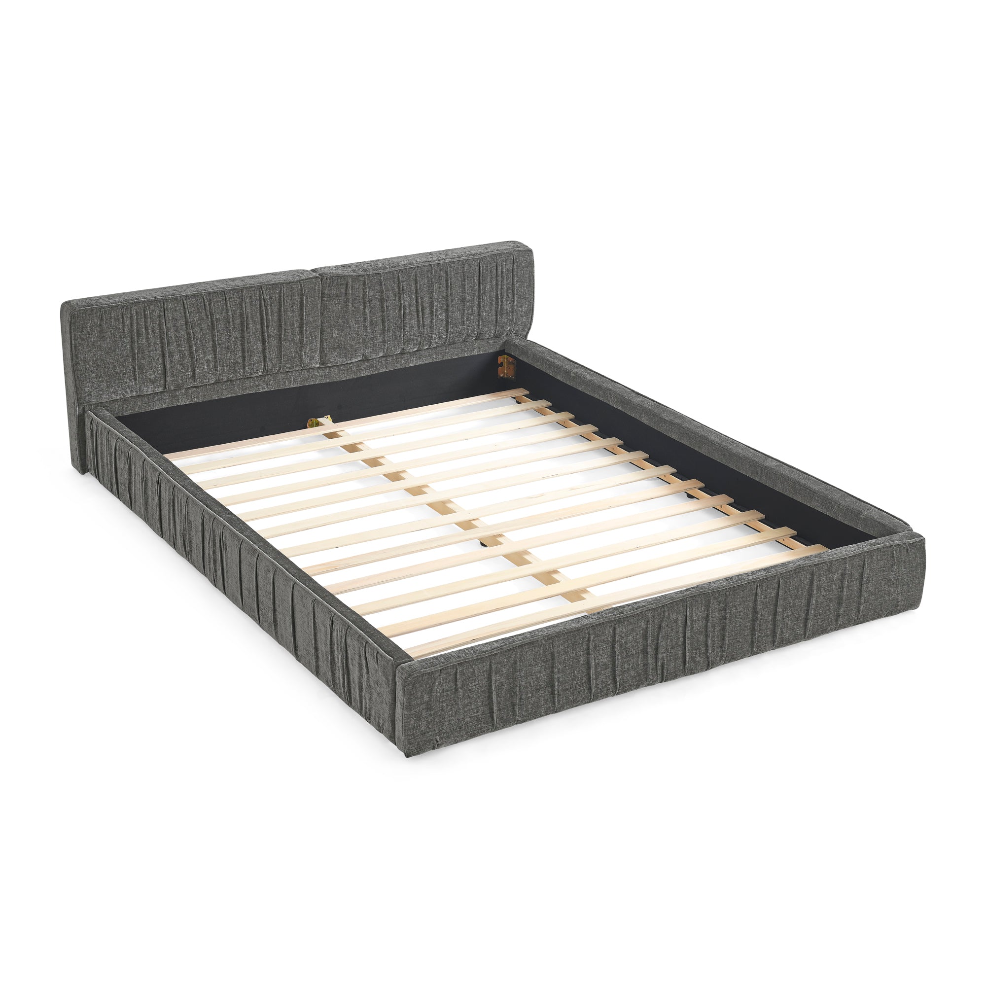 Modern Grey Chenille Queen Upholstered Bed Frame with Pleated Design