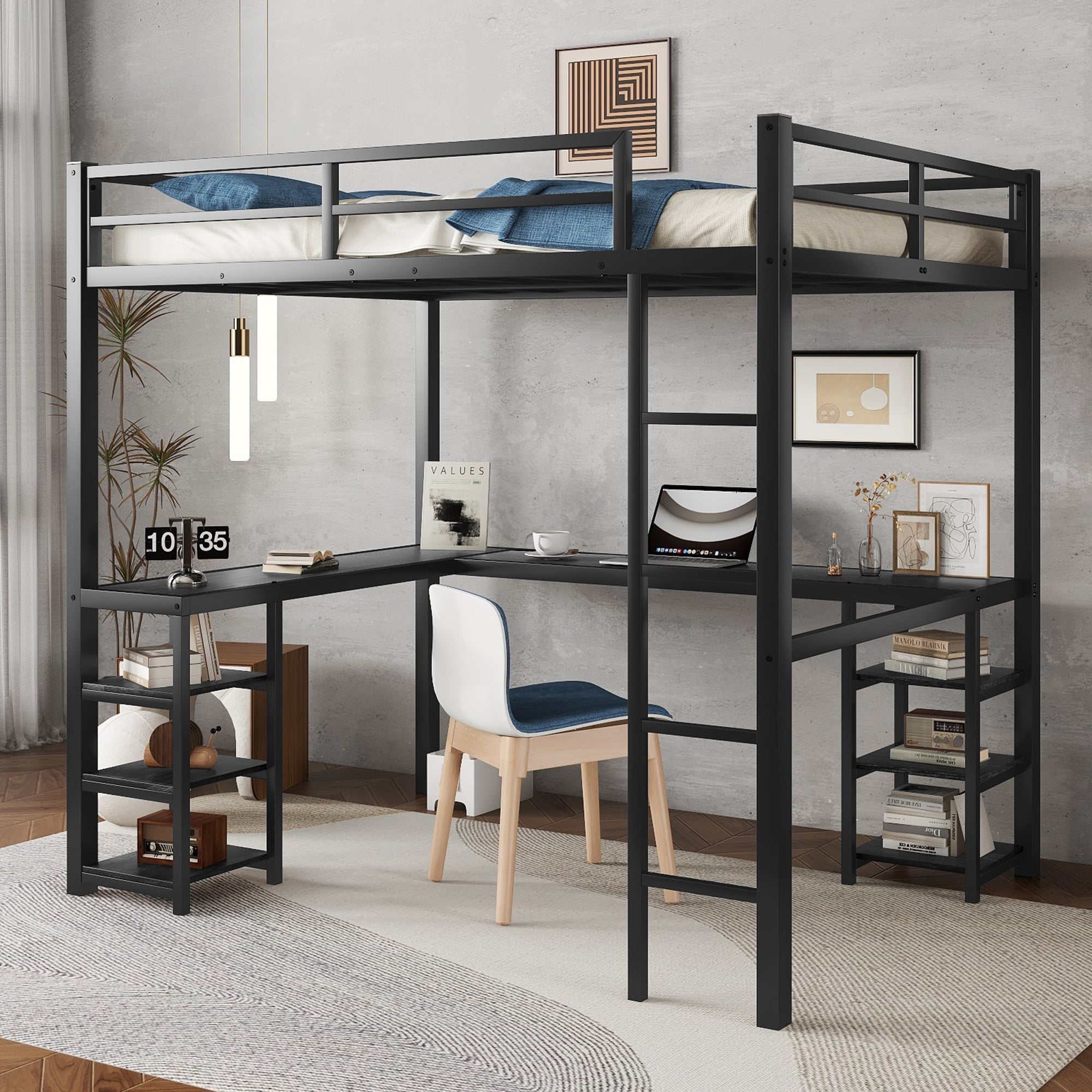 Full Metal Loft Bed w/ Desk, Shelves, Ladder & Guardrails - Black