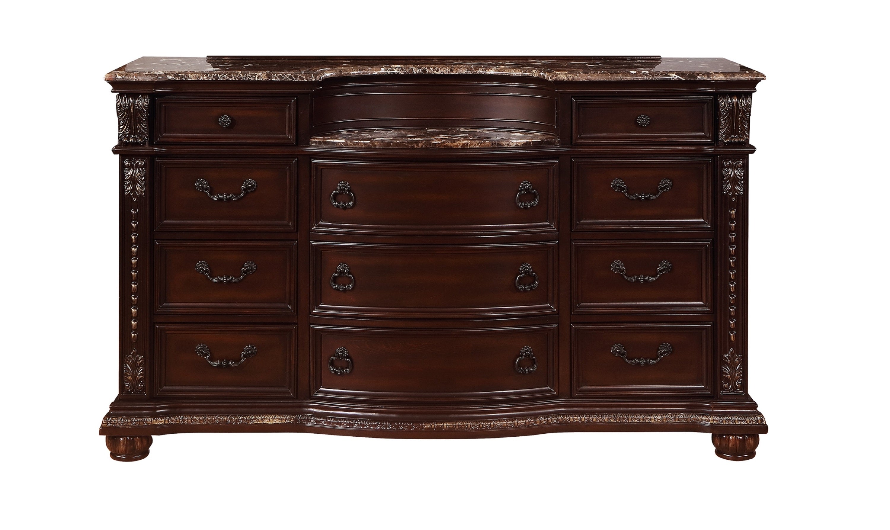 Dark Cherry Marble Top 11-Drawer Solid Wood Dresser