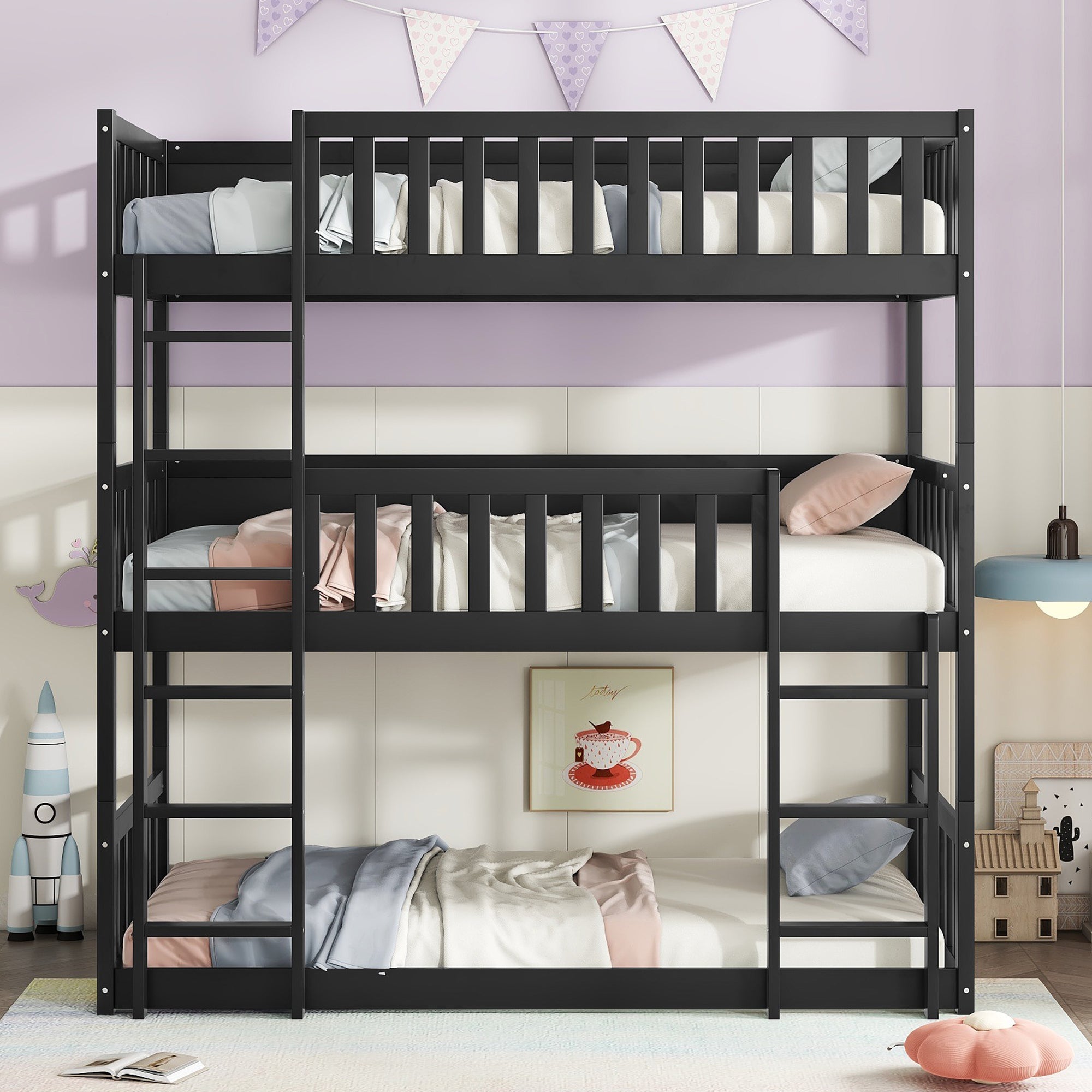Twin Triple Rubber Wood Bunk Bed with Ladders & Guardrails, Black