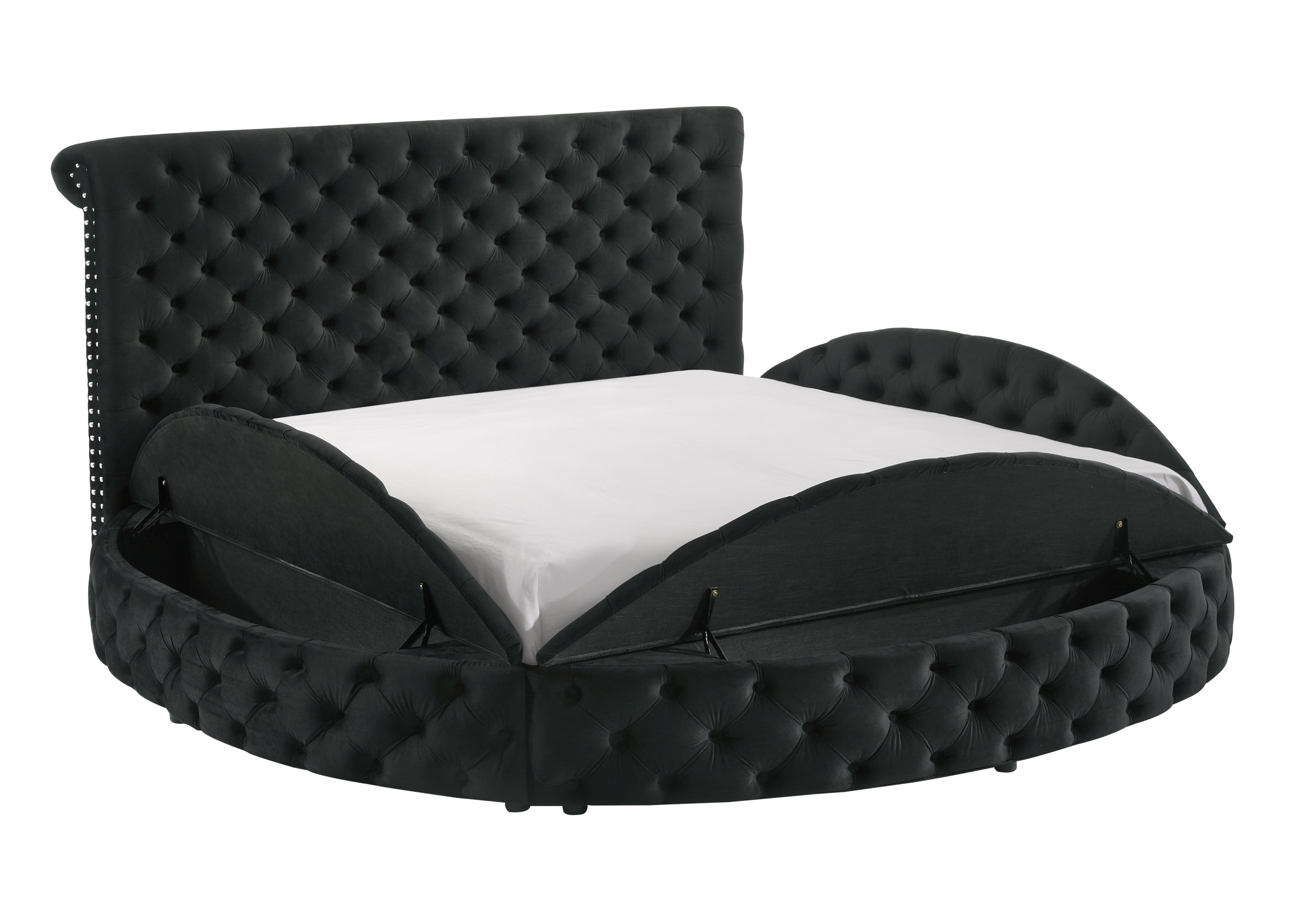 Unique Round Plush Black Velvet Button-Tufted King Storage Bed