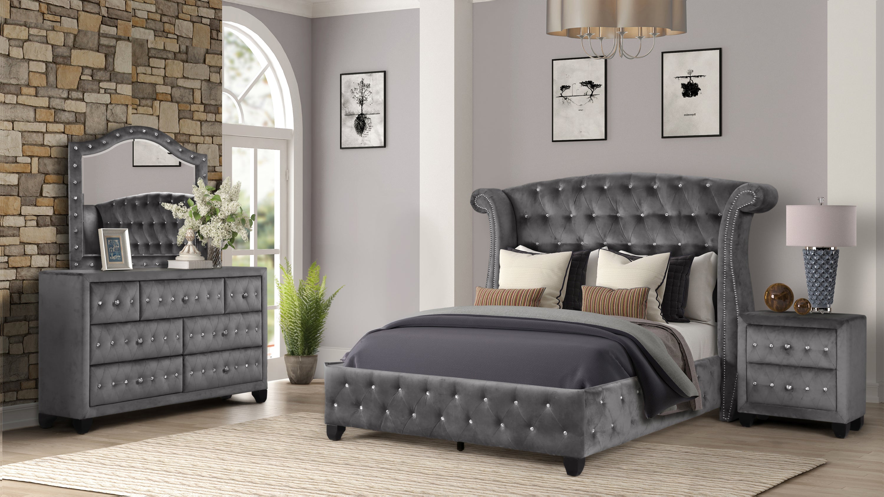 Gray Queen 4PC Velvet Tufted Crystal Bedroom Set Modern Style