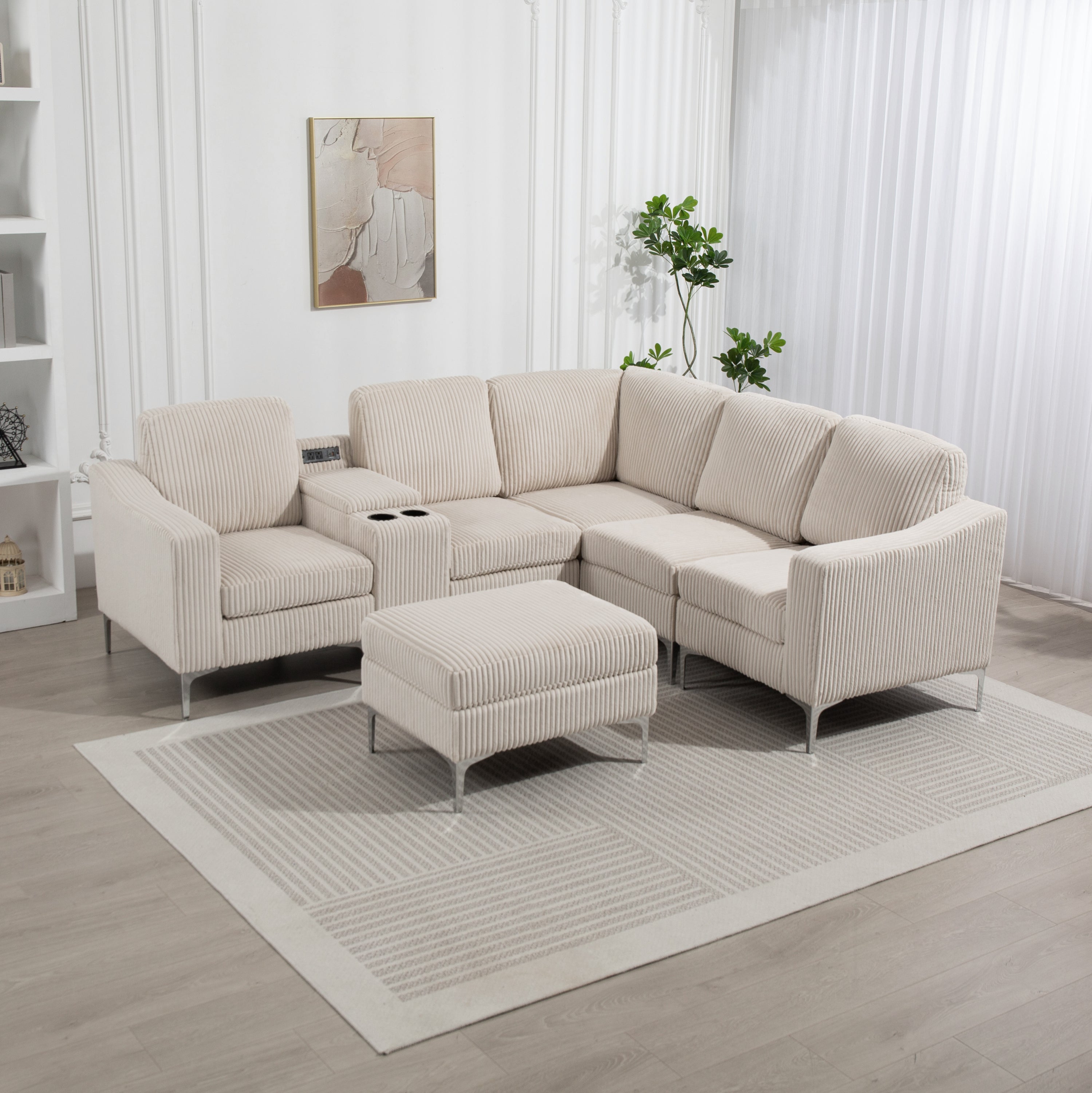 Beige Corduroy Modular Sectional Sofa w/ Storage & USB