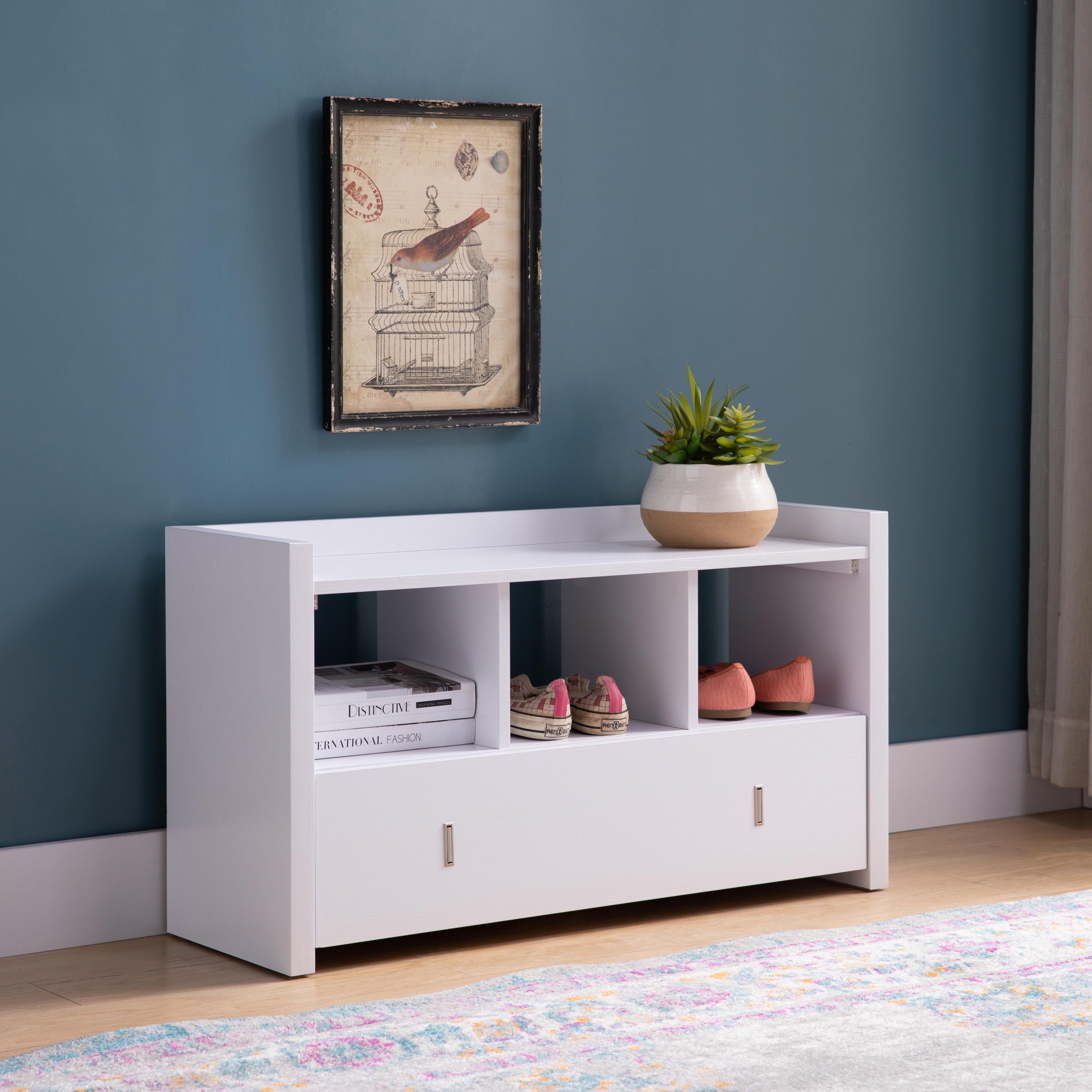 White Entryway Shoe Bench with Storage & 3 Shelves Organizer