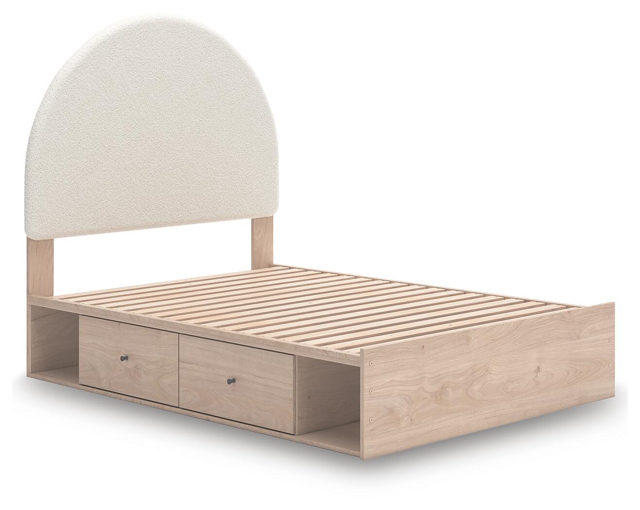 Beige upholstered panel bed frame with arched headboard, wood sides, and two front drawer storage