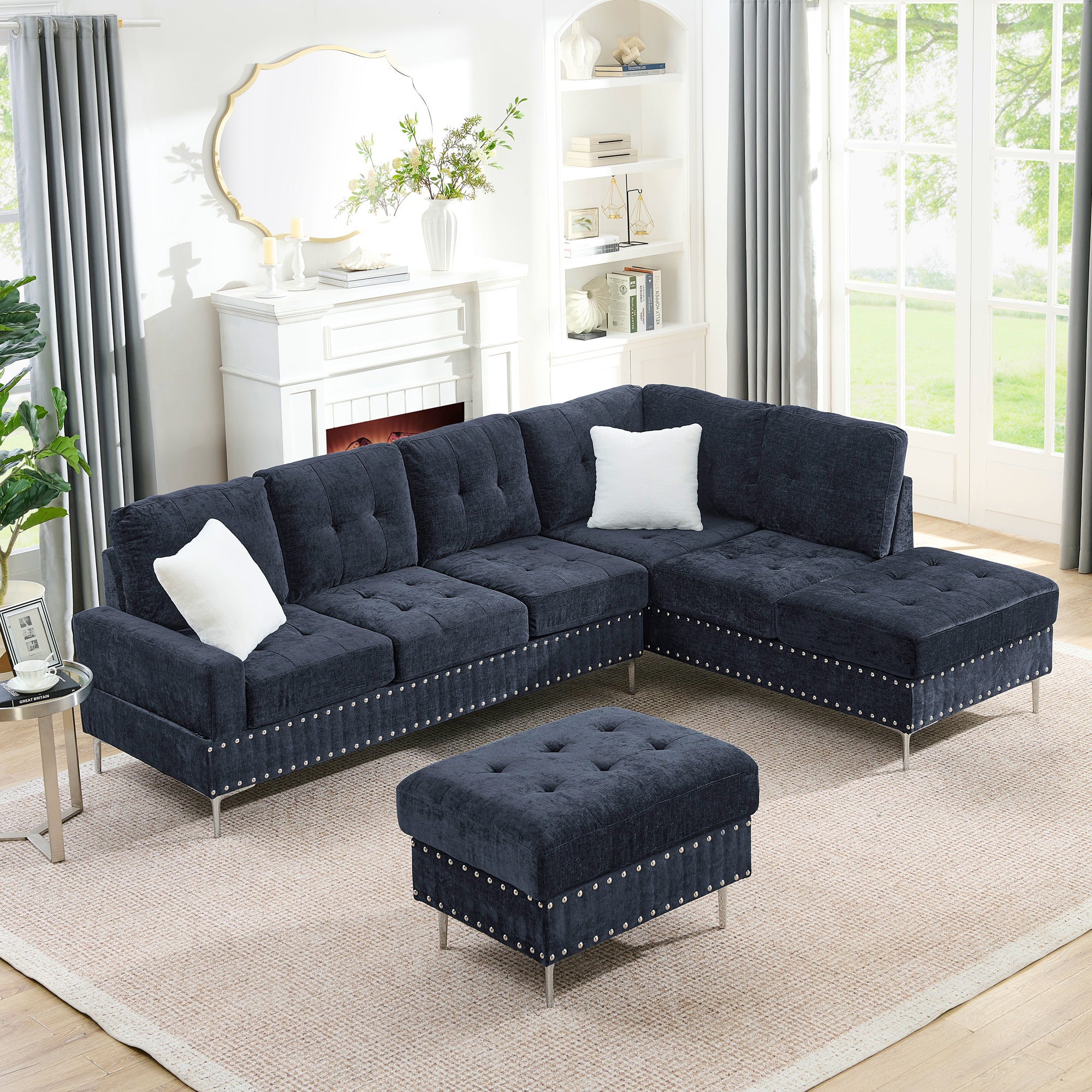 Navy Blue Sectional Sofa with Chaise & Storage Ottoman