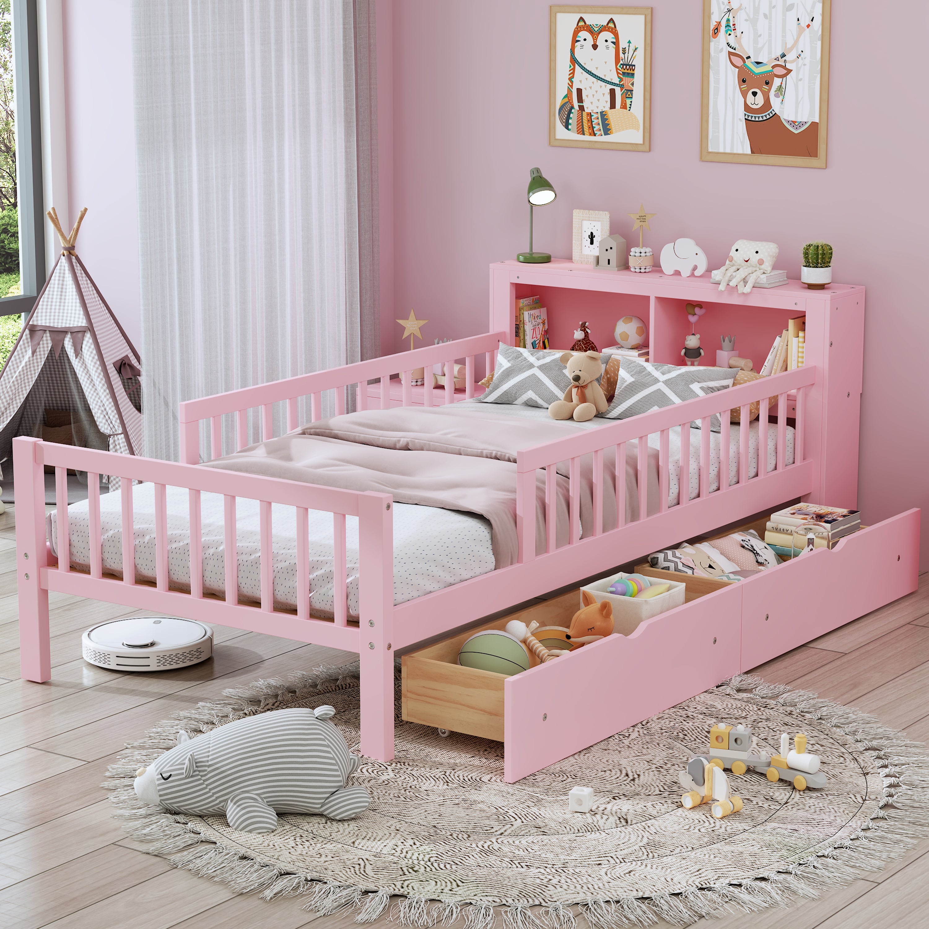 Pink Twin Bed: Storage Headboard, Drawers, Safety Guardrails