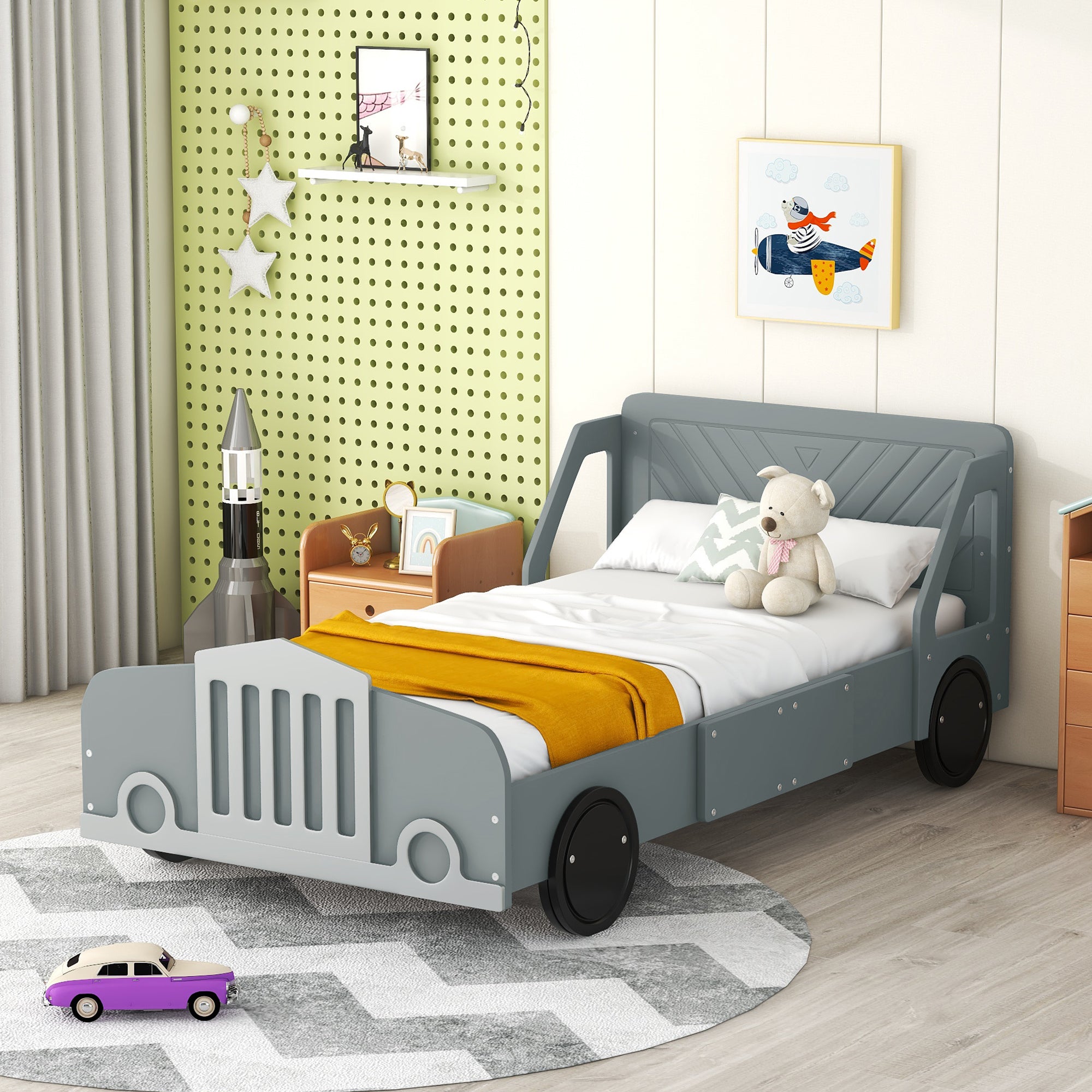 Twin Size Gray Car-Shaped Platform Bed with Wheels
